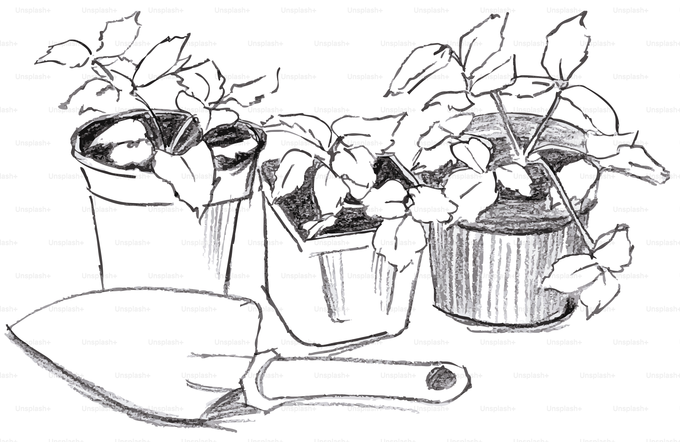 Three potted plants and a trowel on a white background.