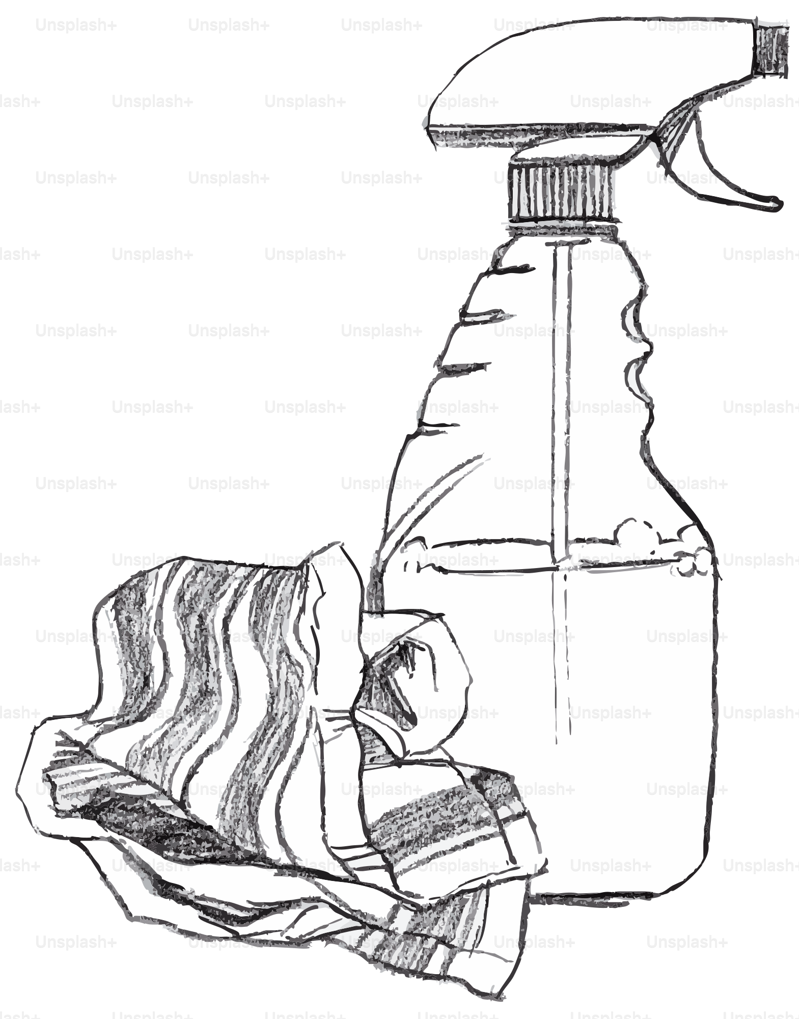 Spray bottle and cleaning cloth on white background