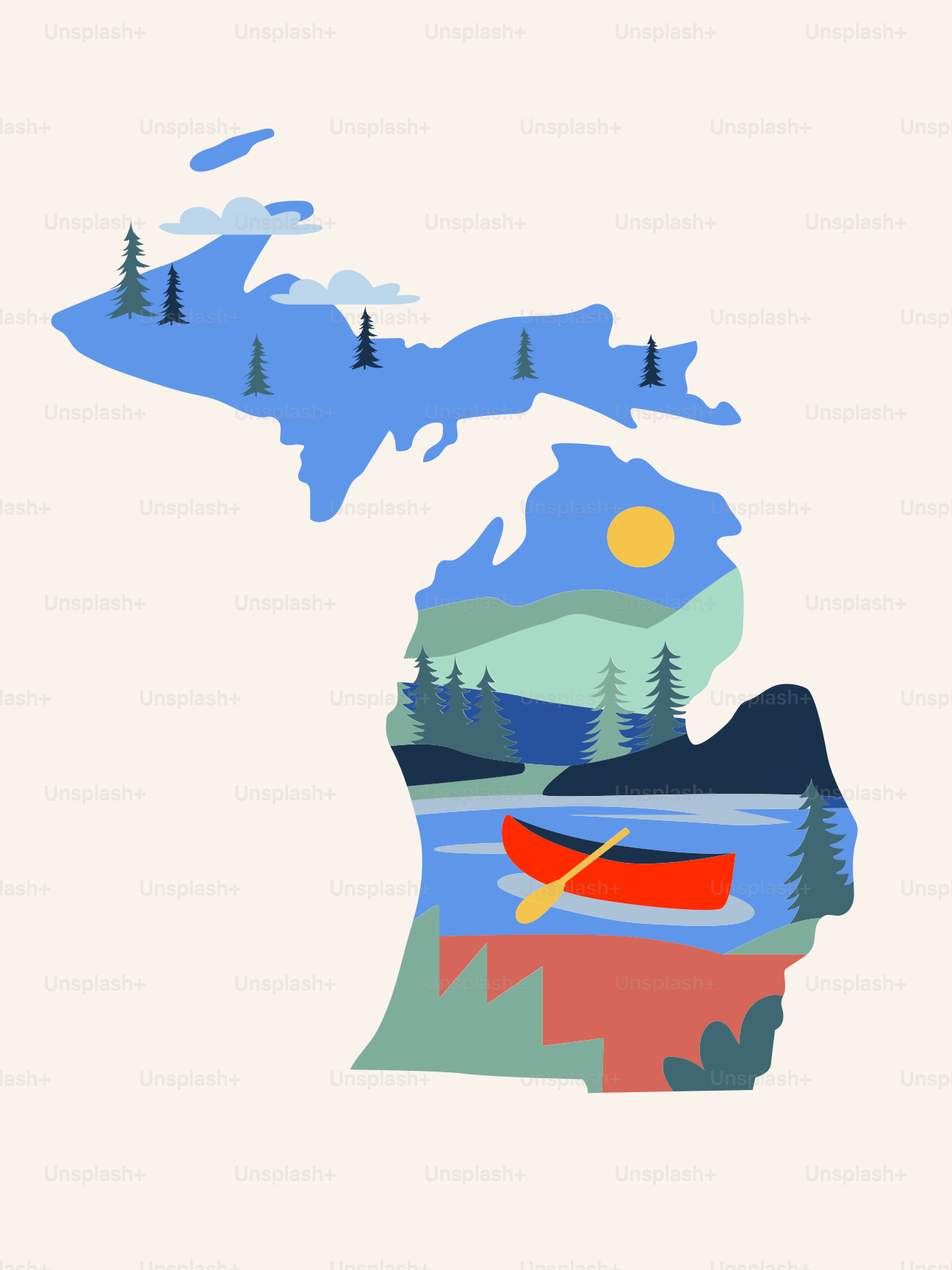 Michigan shaped landscape with a canoe on a lake.