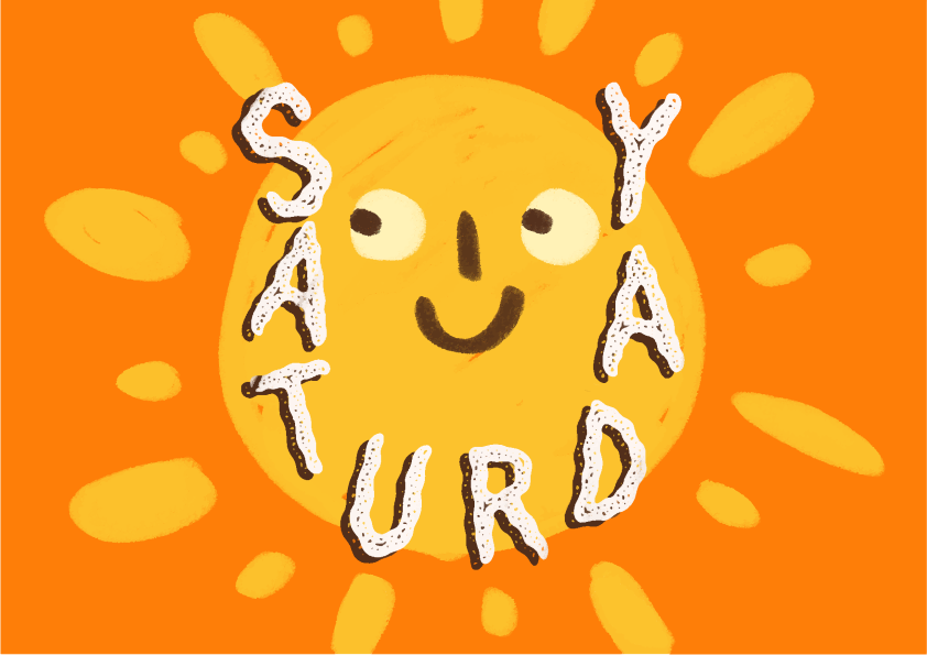 Un soleil de dessin animé avec le mot samedi