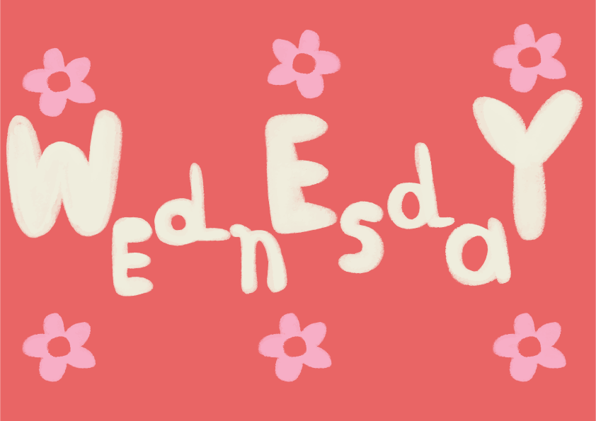Mercredi écrit en blanc avec des fleurs roses