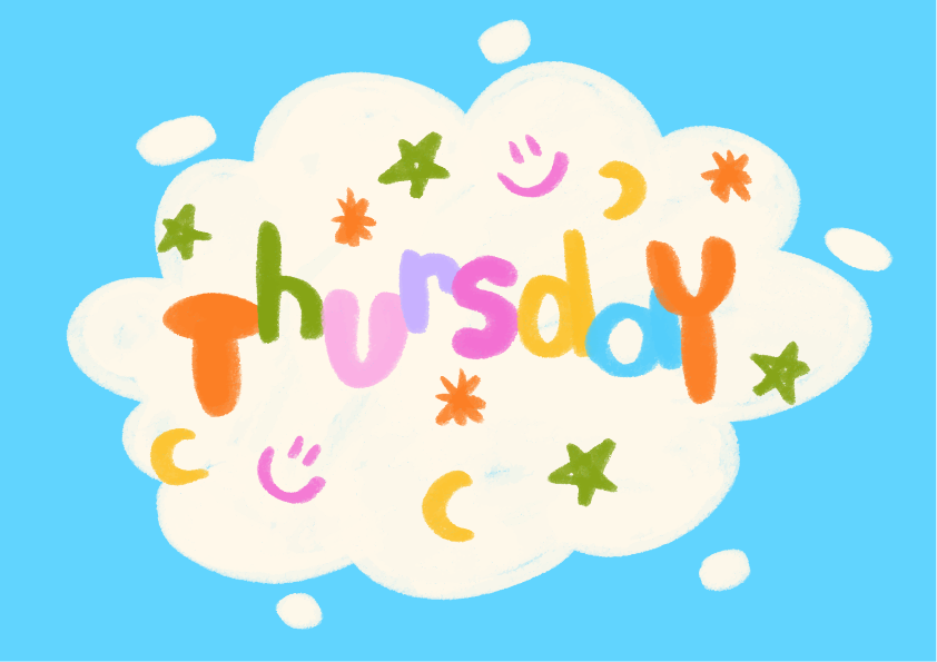 Texte coloré « jeudi » avec étoiles et lunes