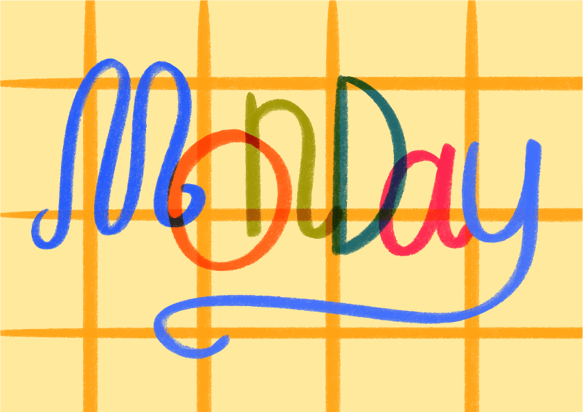 Le mot lundi écrit en lettres cursives colorées.