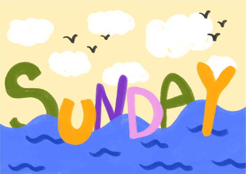 Des lettres colorées églent dimanche sur des vagues bleues