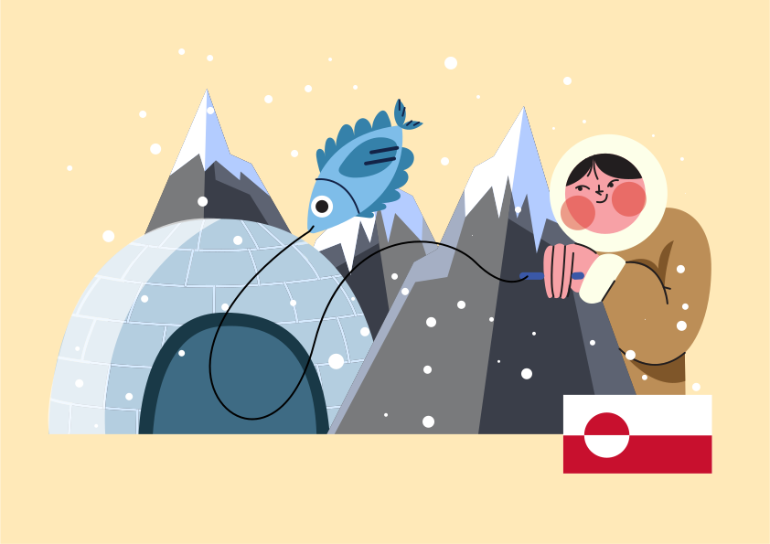 Personne pêcheant près d’un igloo et des montagnes avec le drapeau du Groenland