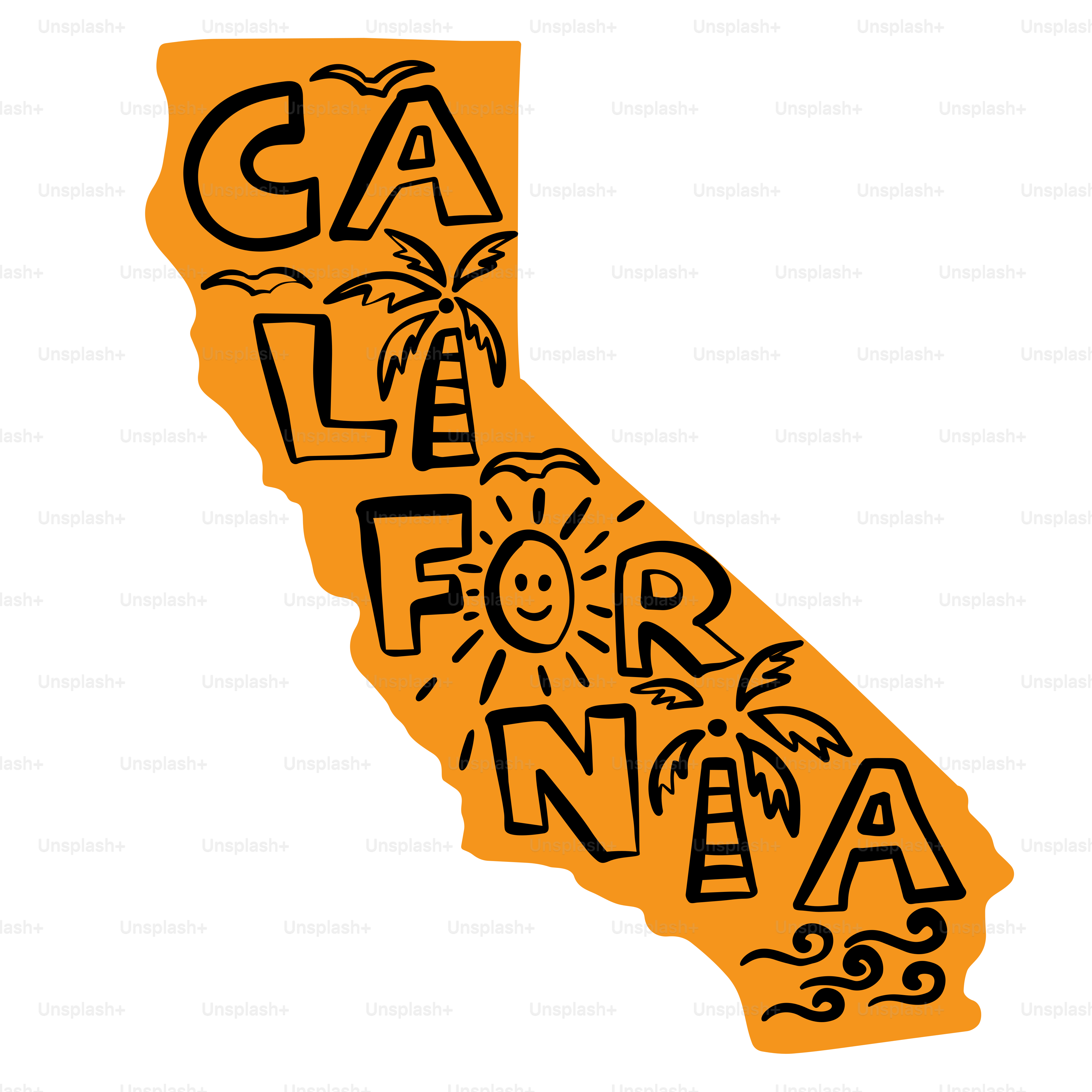 California state outline with sun, palm trees, and waves
