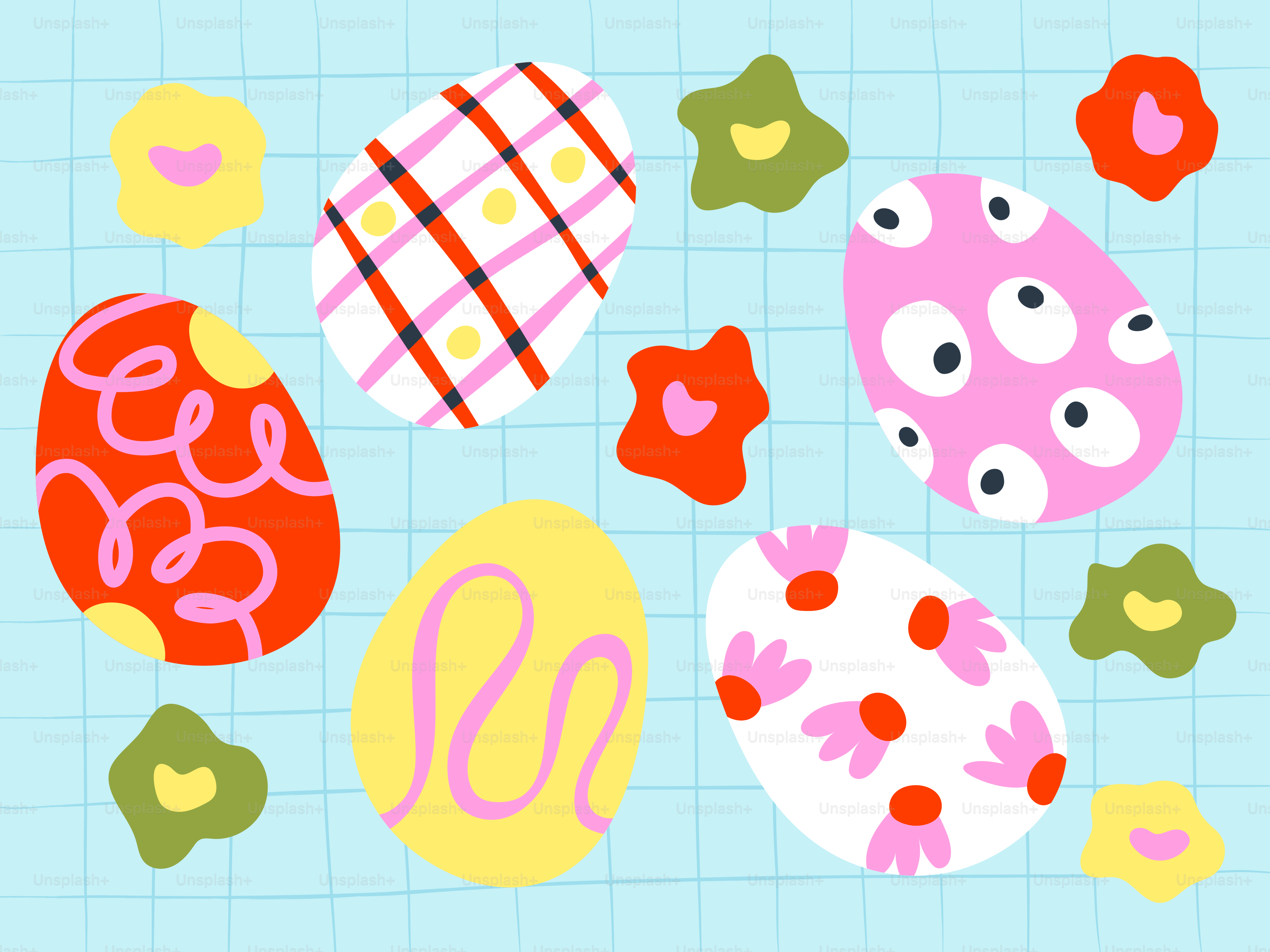 Des œufs de Pâques colorés décorés et des fleurs abstraites sur une grille bleue.