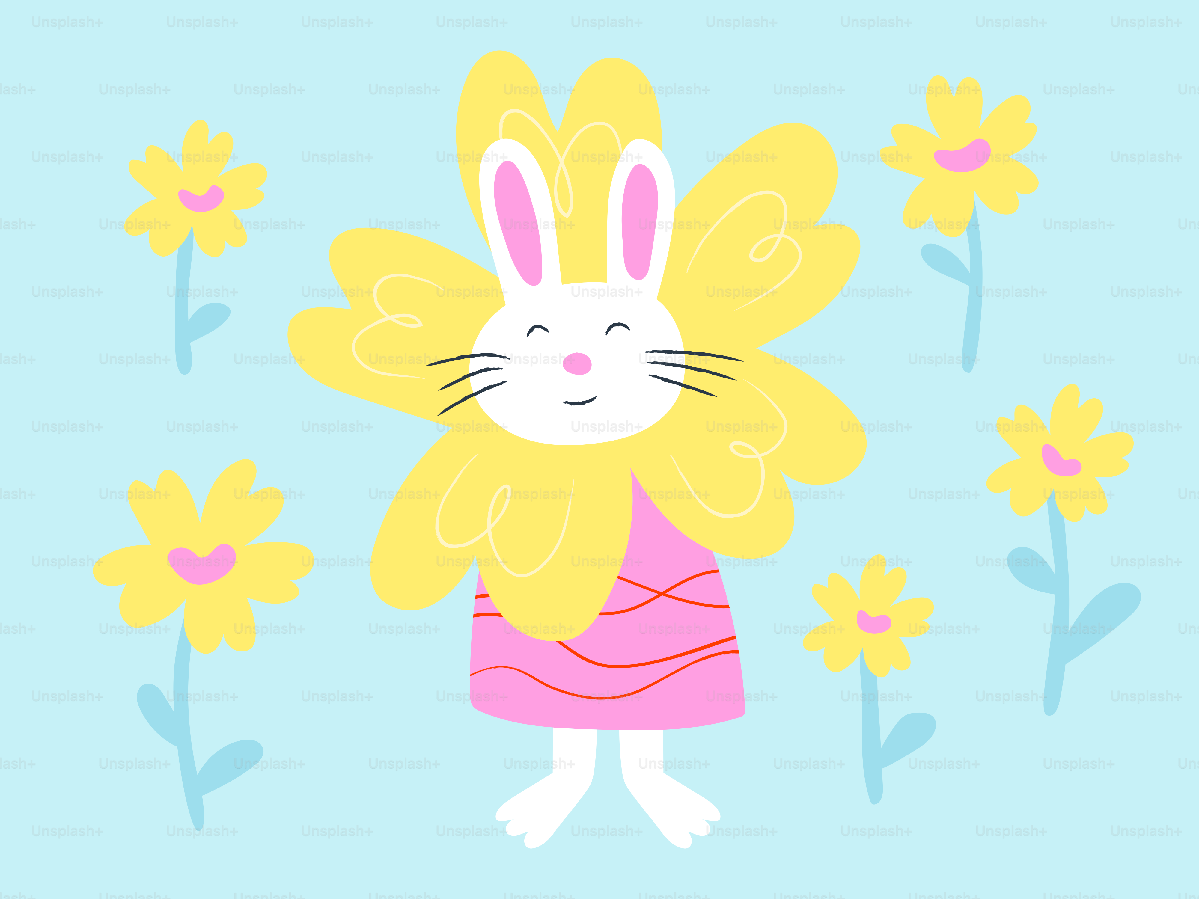 Un lapin portant un costume de fleur entouré de fleurs jaunes