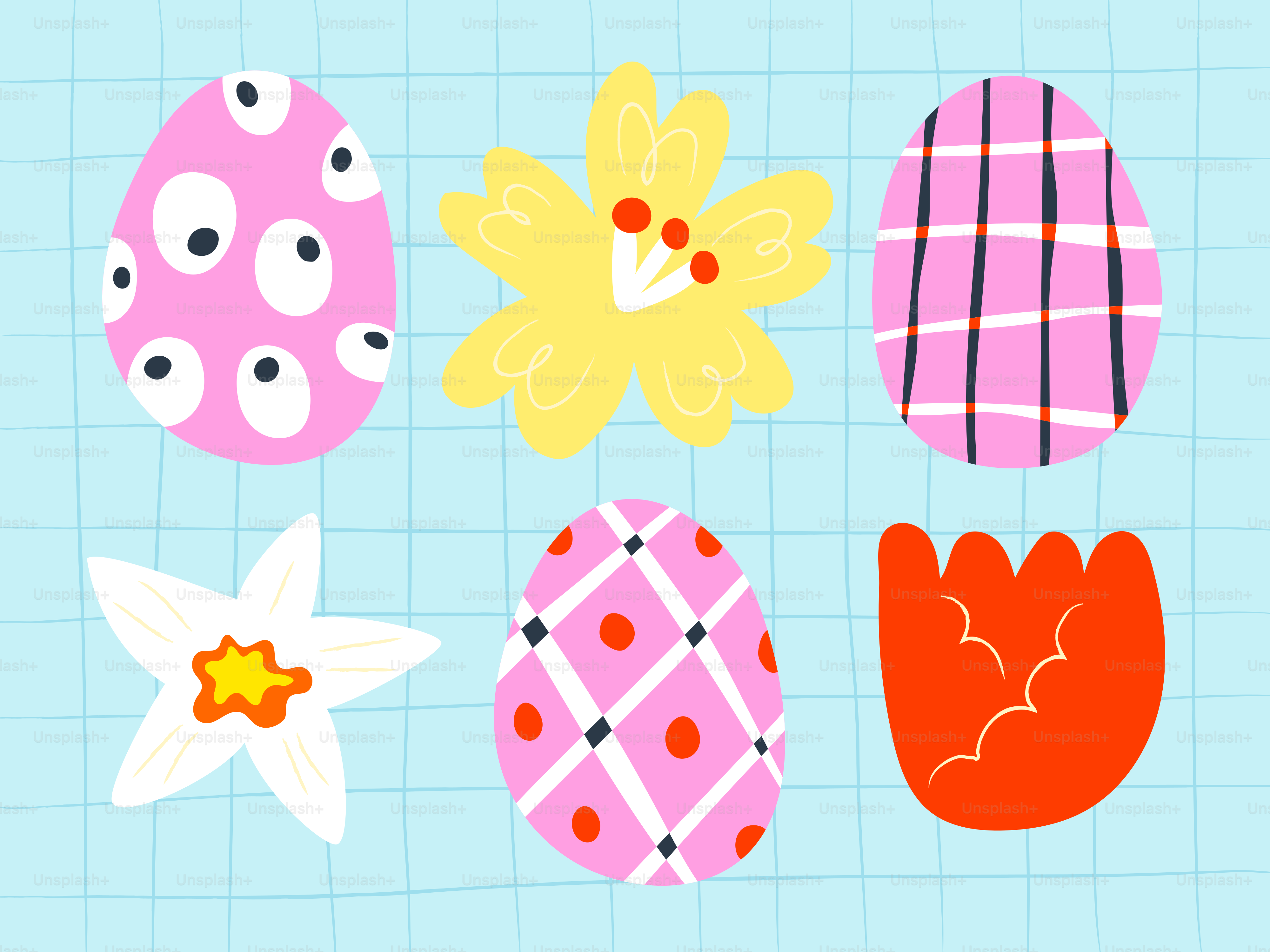 Œufs de Pâques colorés et fleurs sur fond bleu en grille