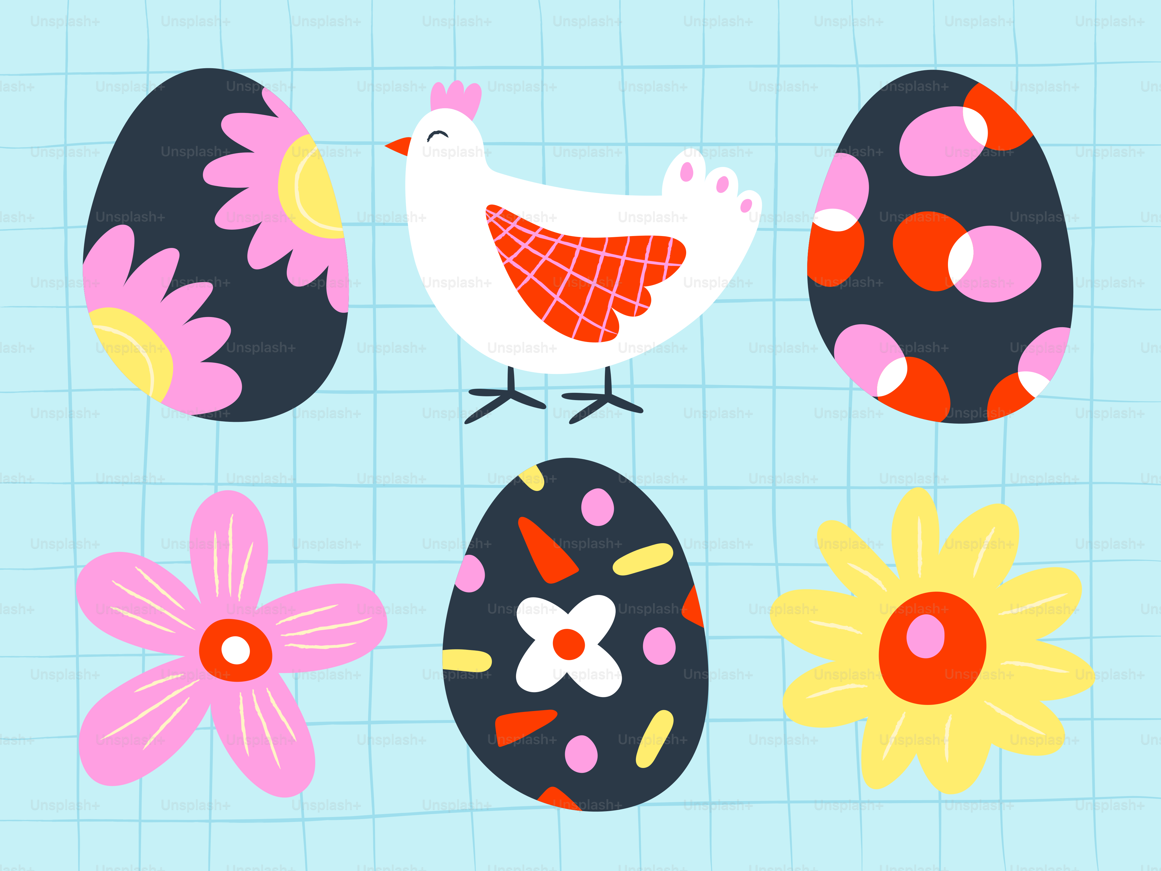 Poulet de Pâques et œufs décorés avec des fleurs