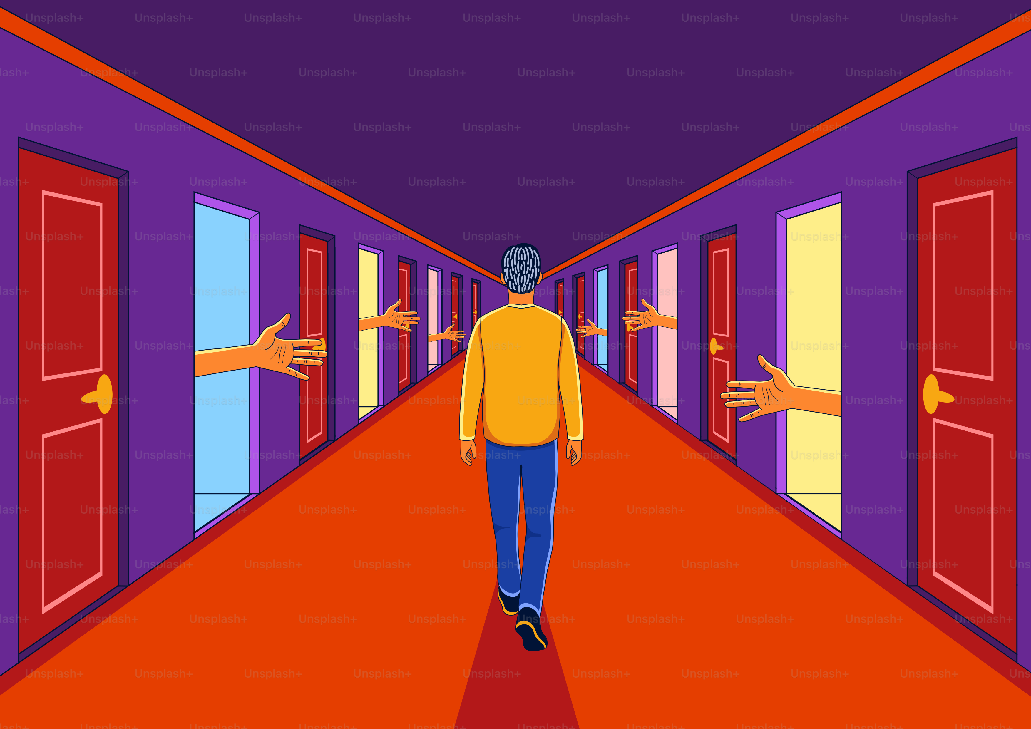 Man walks down hallway with open doors and reaching hands.