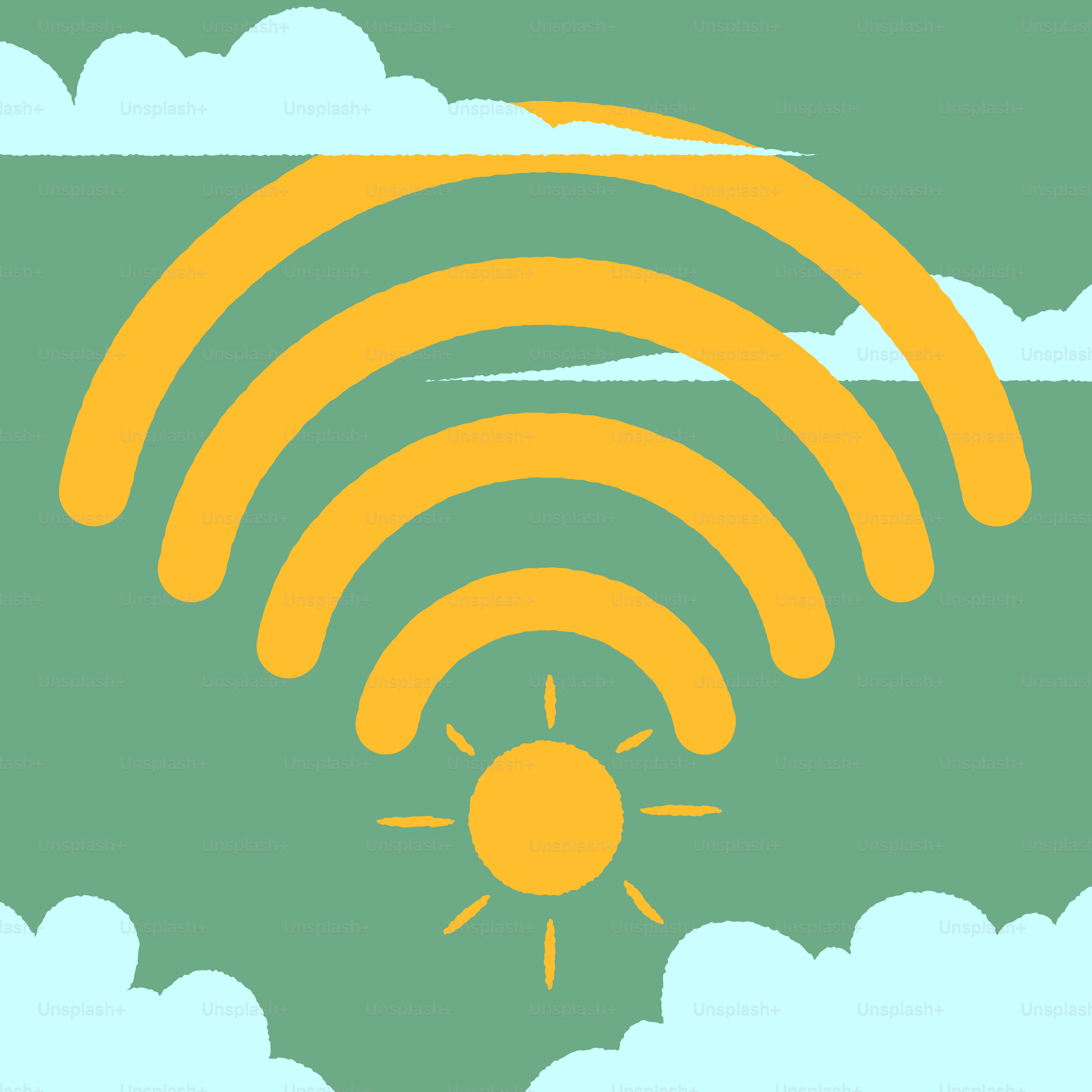 Stylized sun with radiating wifi signal over clouds