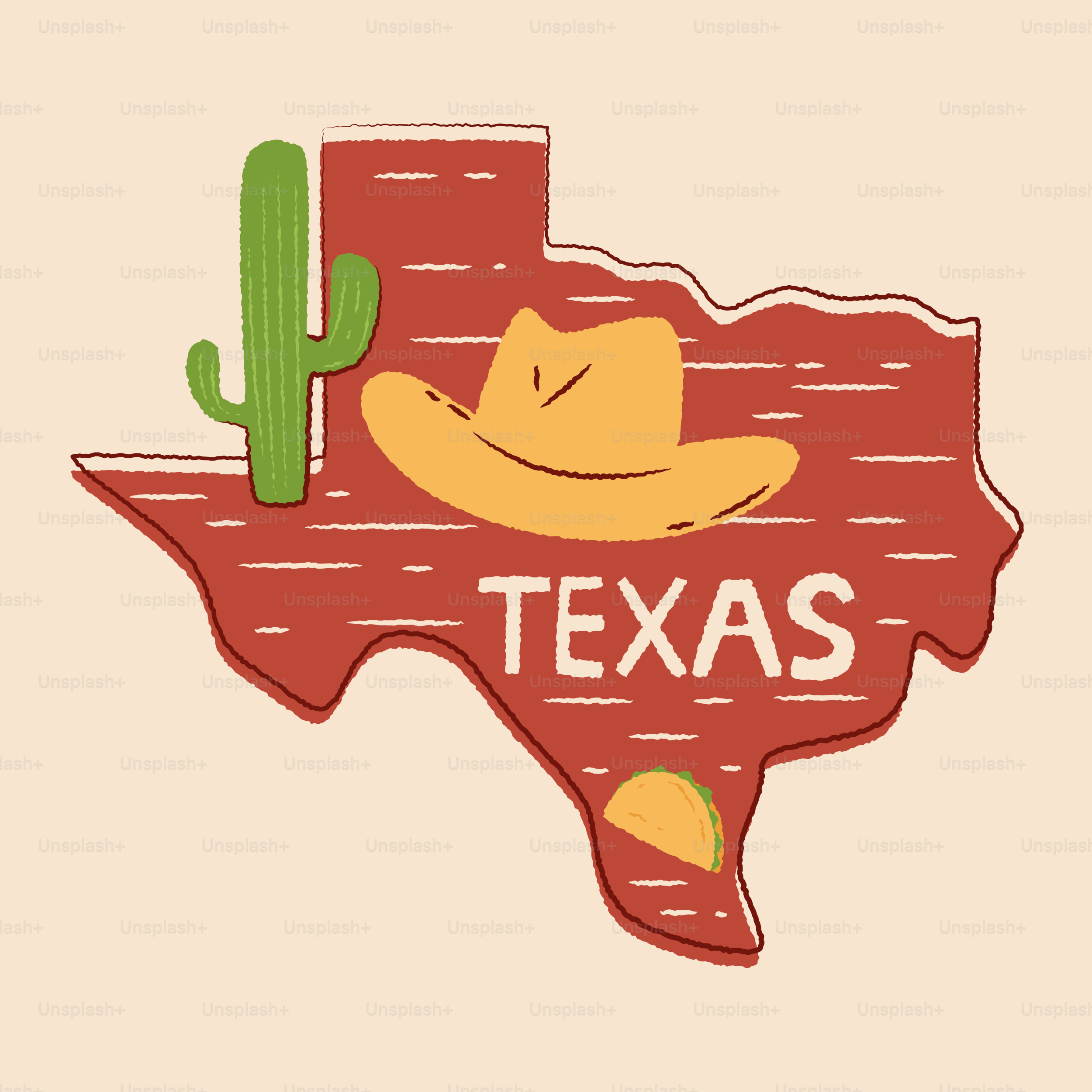 Texas outline with cactus, cowboy hat, and taco.