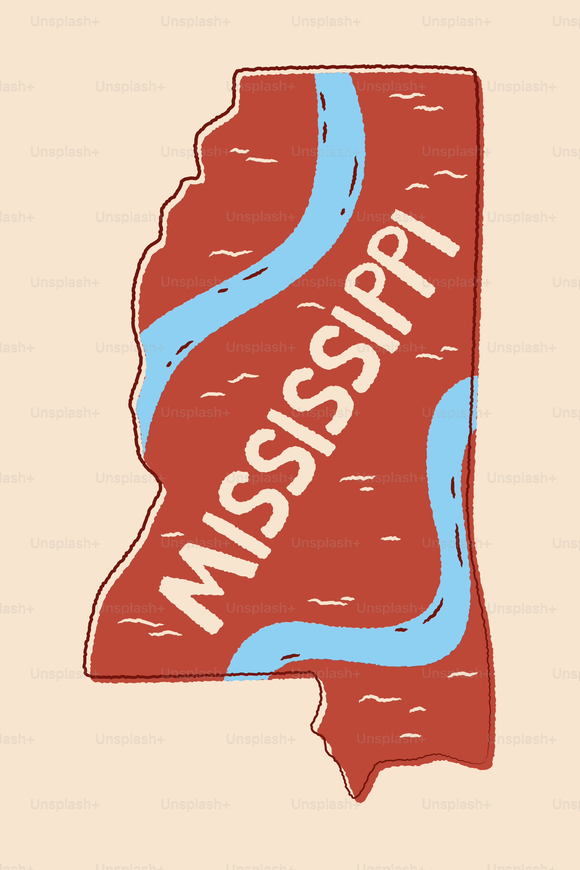 Outline of mississippi with a river running through it