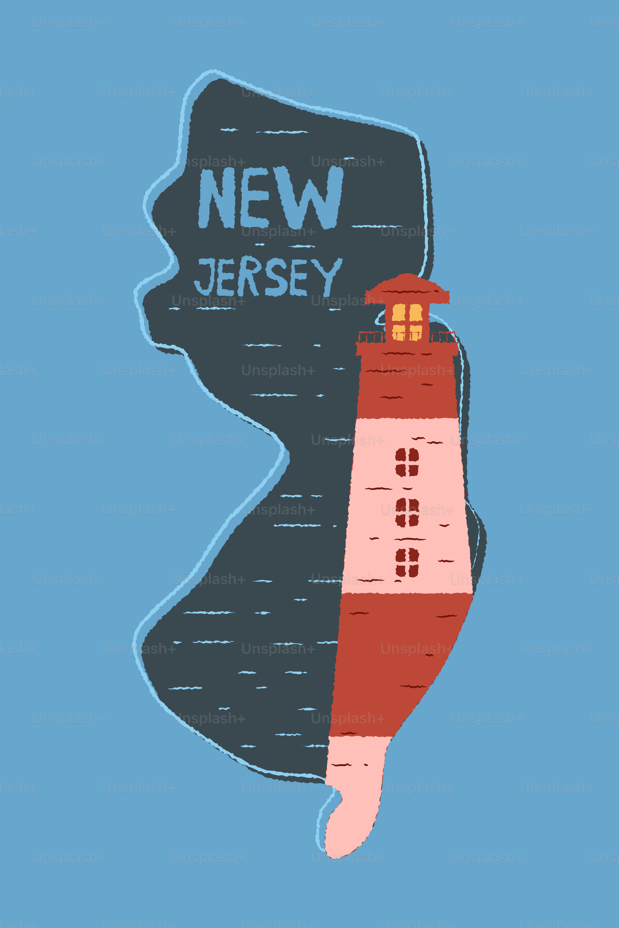 New jersey outline with a lighthouse illustration