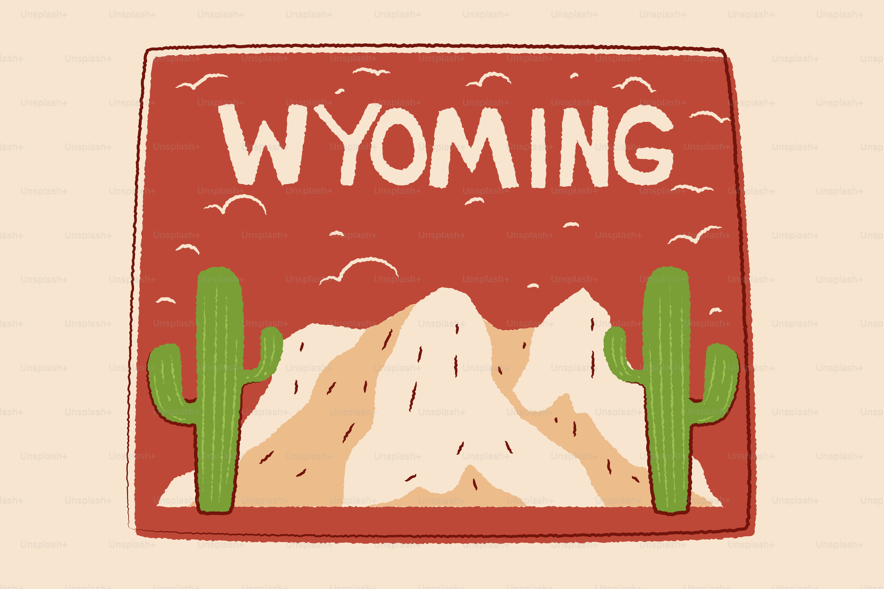 Wyoming state outline with mountains and cacti