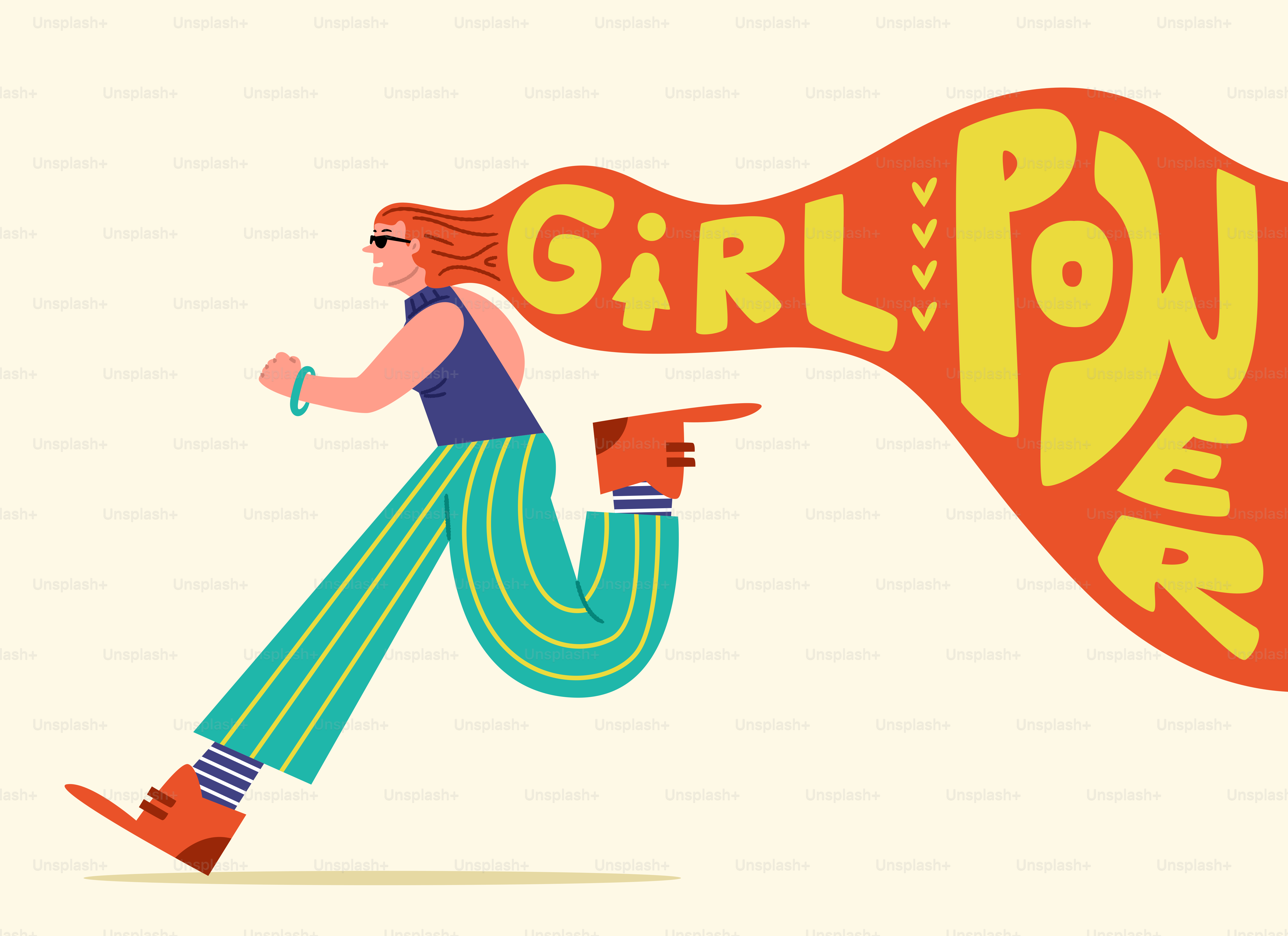 Woman running with "girl power" text flowing from hair