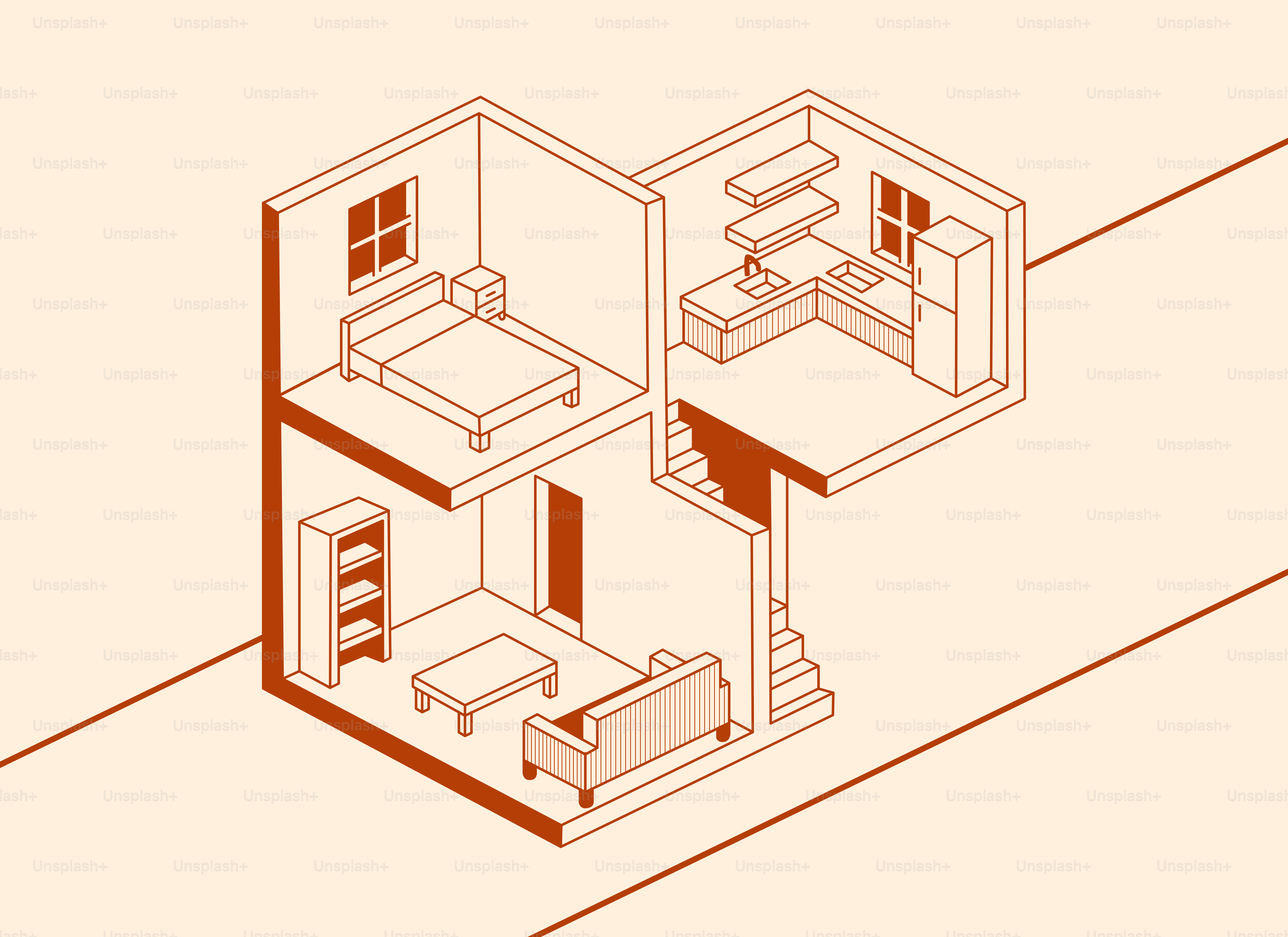 Isometric view of a two-story house interior layout.