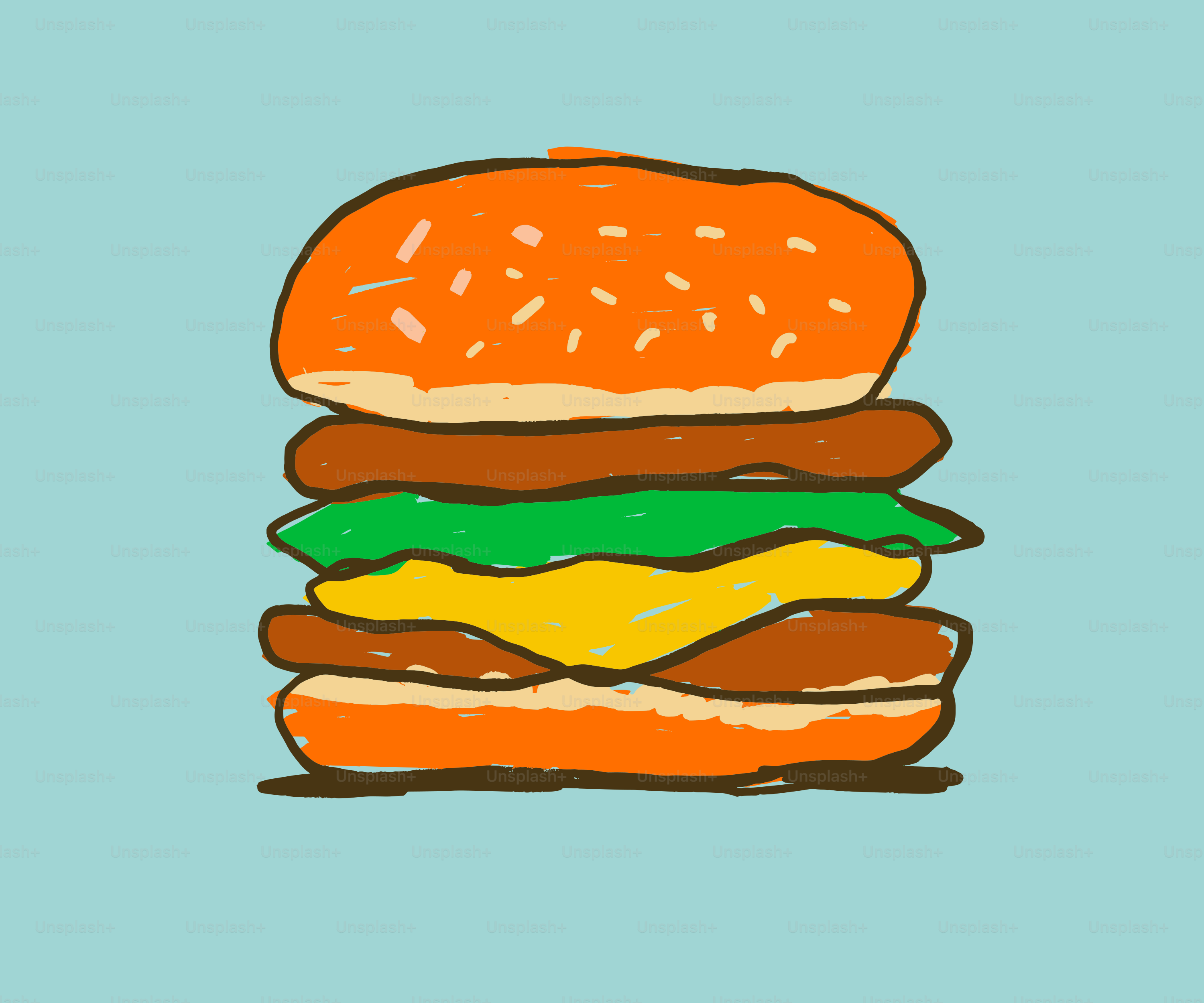Un burger coloré, dessiné à la main, sur fond bleu.