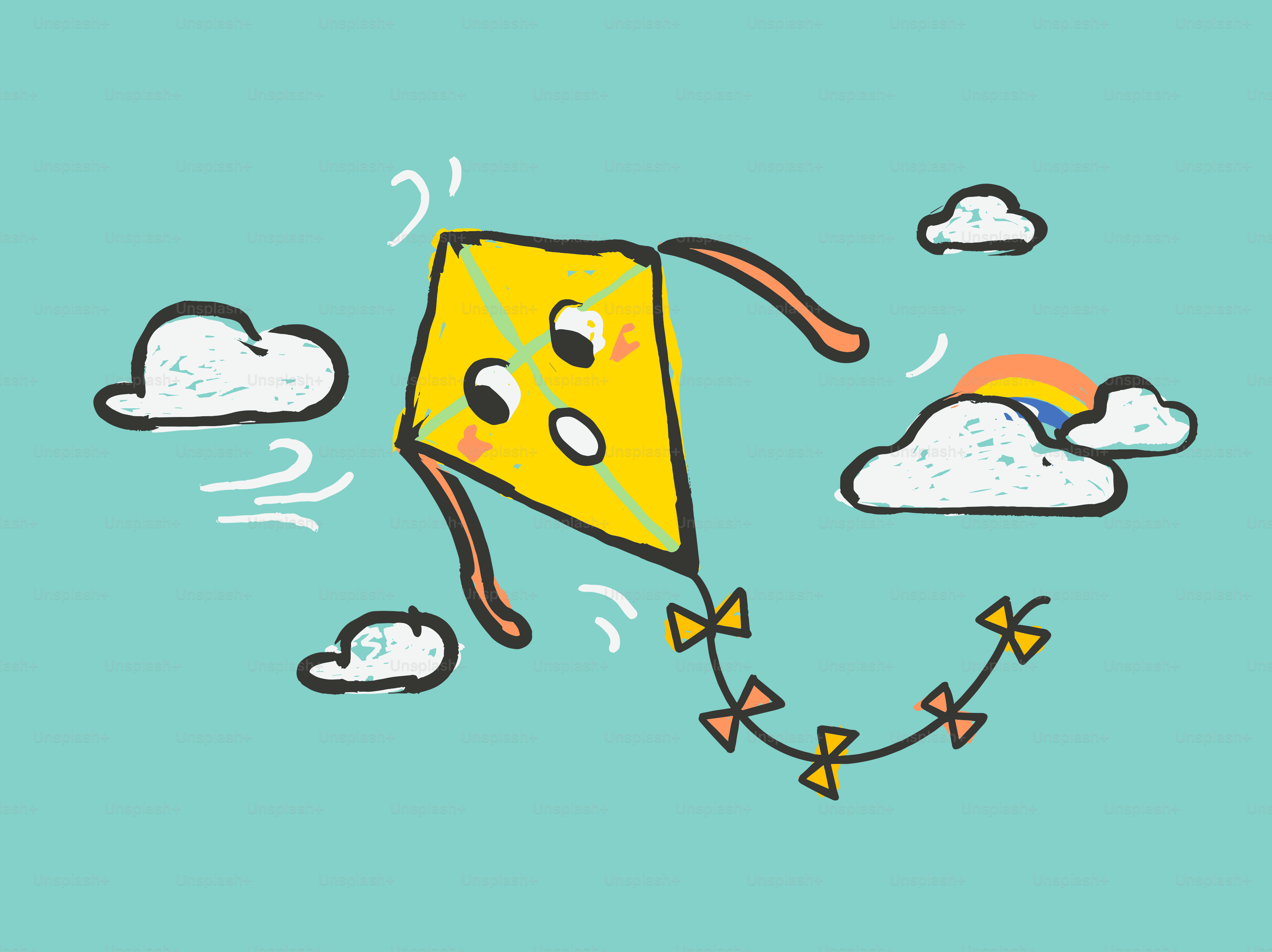 青空に雲が浮かぶ黄色い凧。