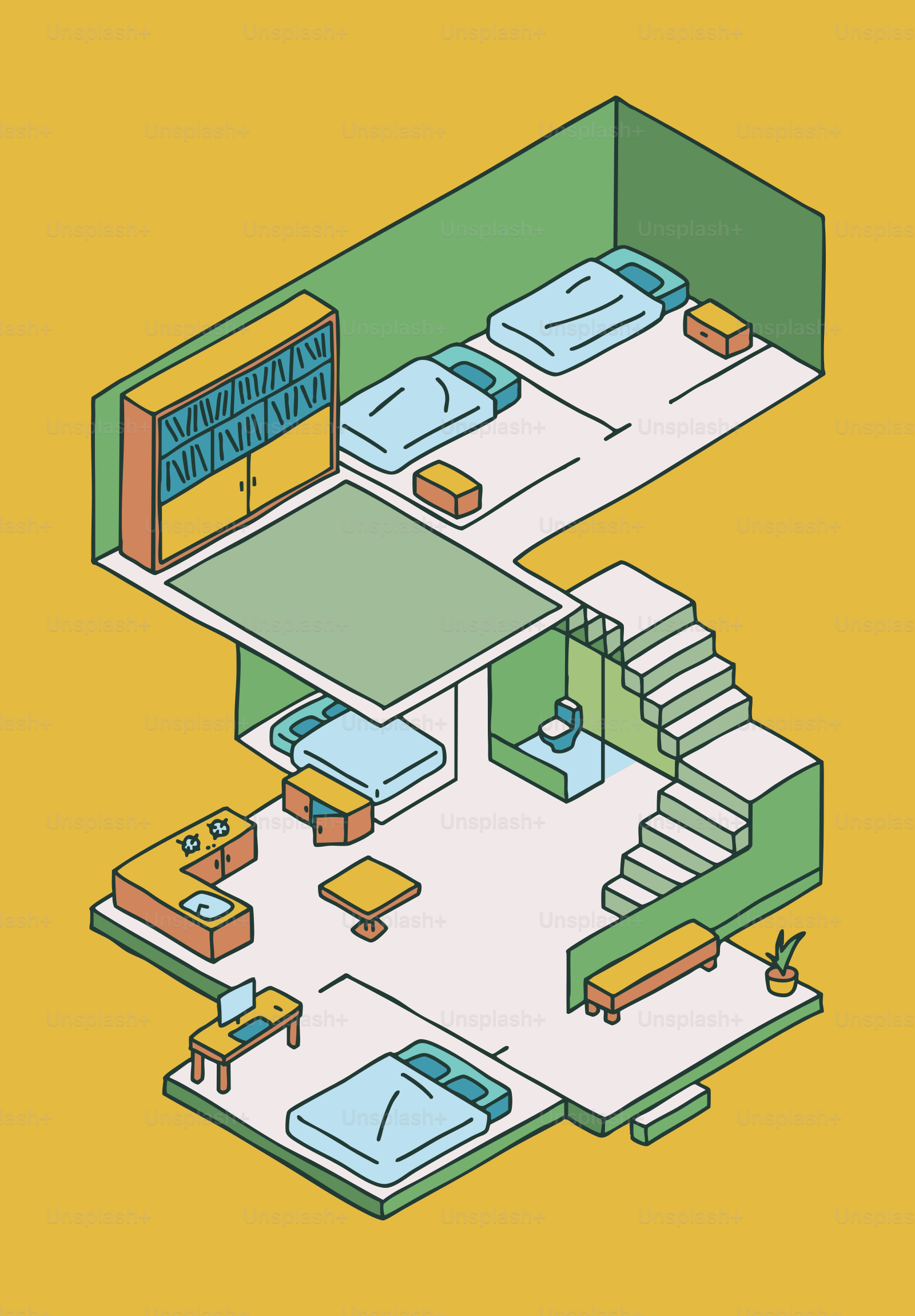 Vue isométrique d’un dortoir à plusieurs niveaux avec lits.