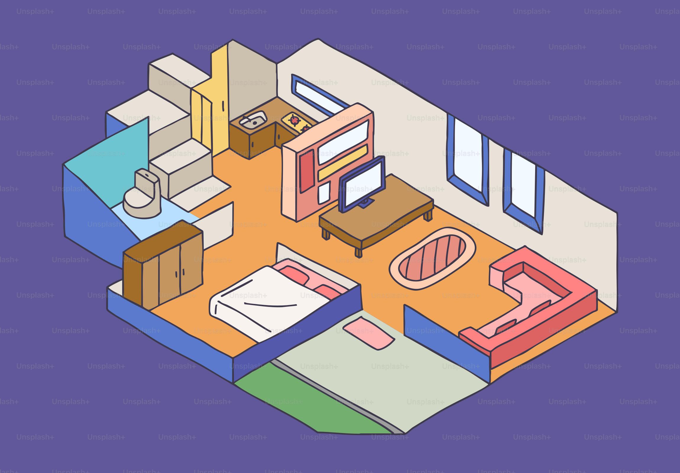 Isometric view of a small, modern apartment interior.