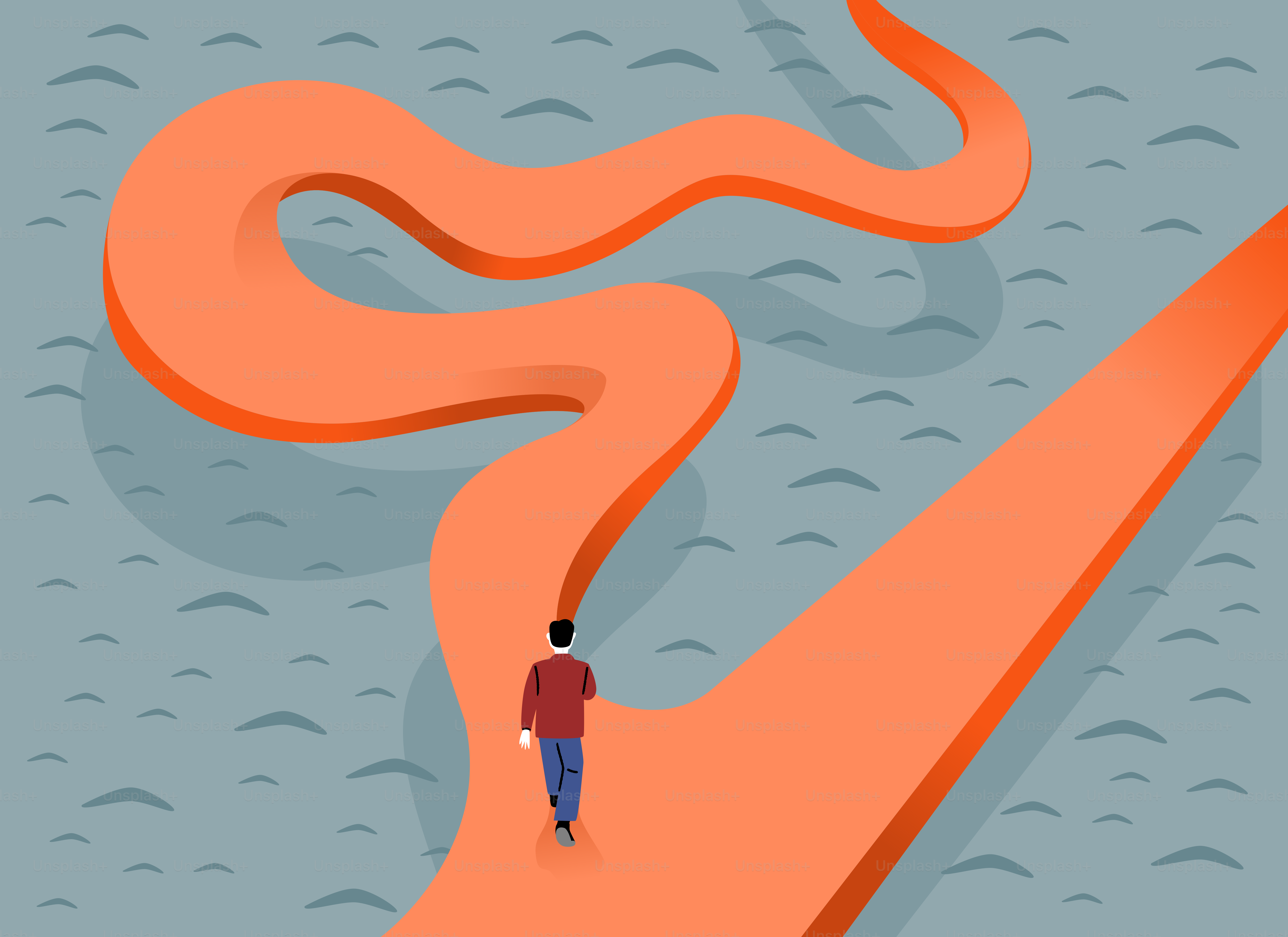 Man walks on orange path with a fork.