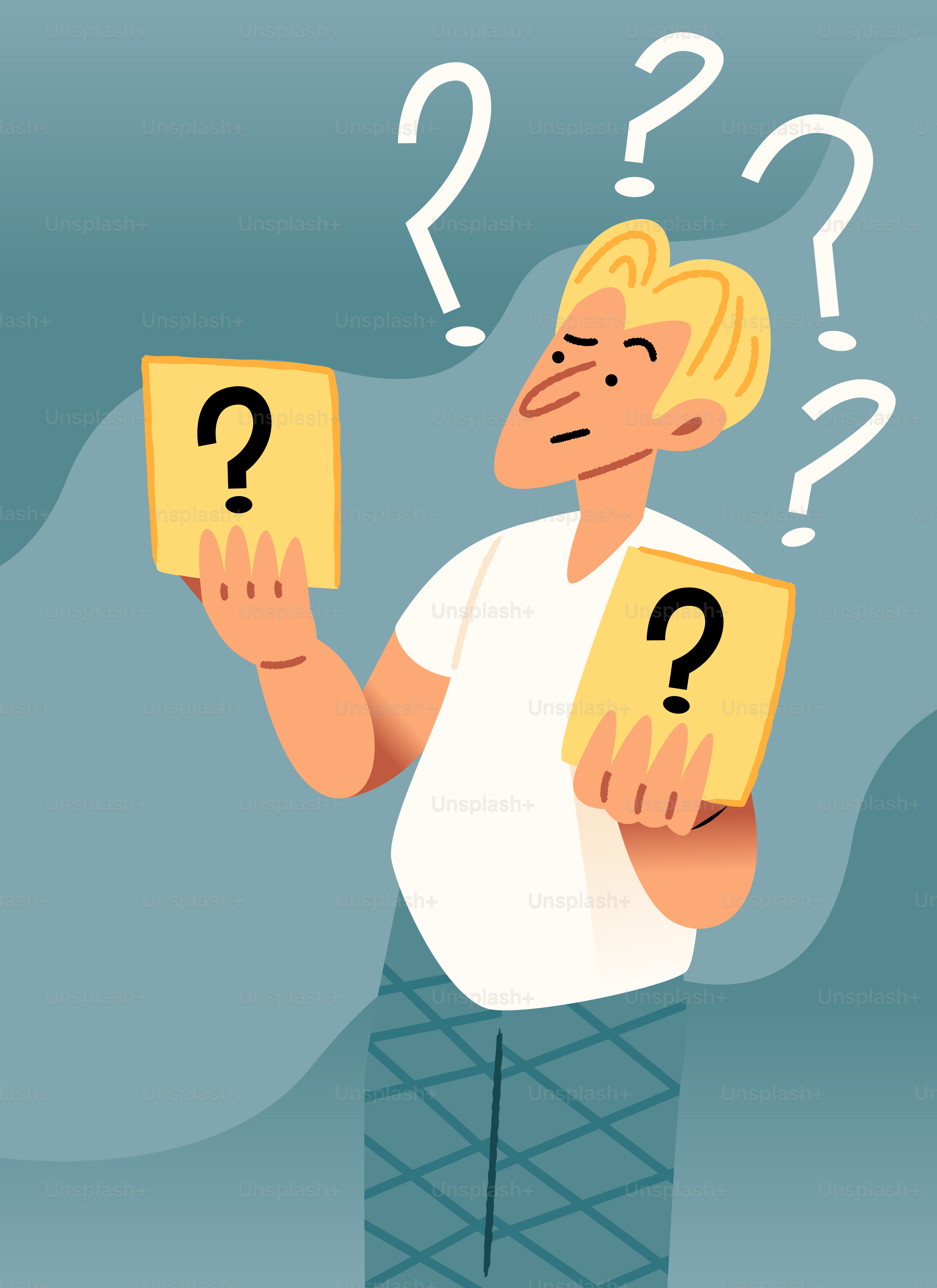 Man holding two yellow cards with question marks.