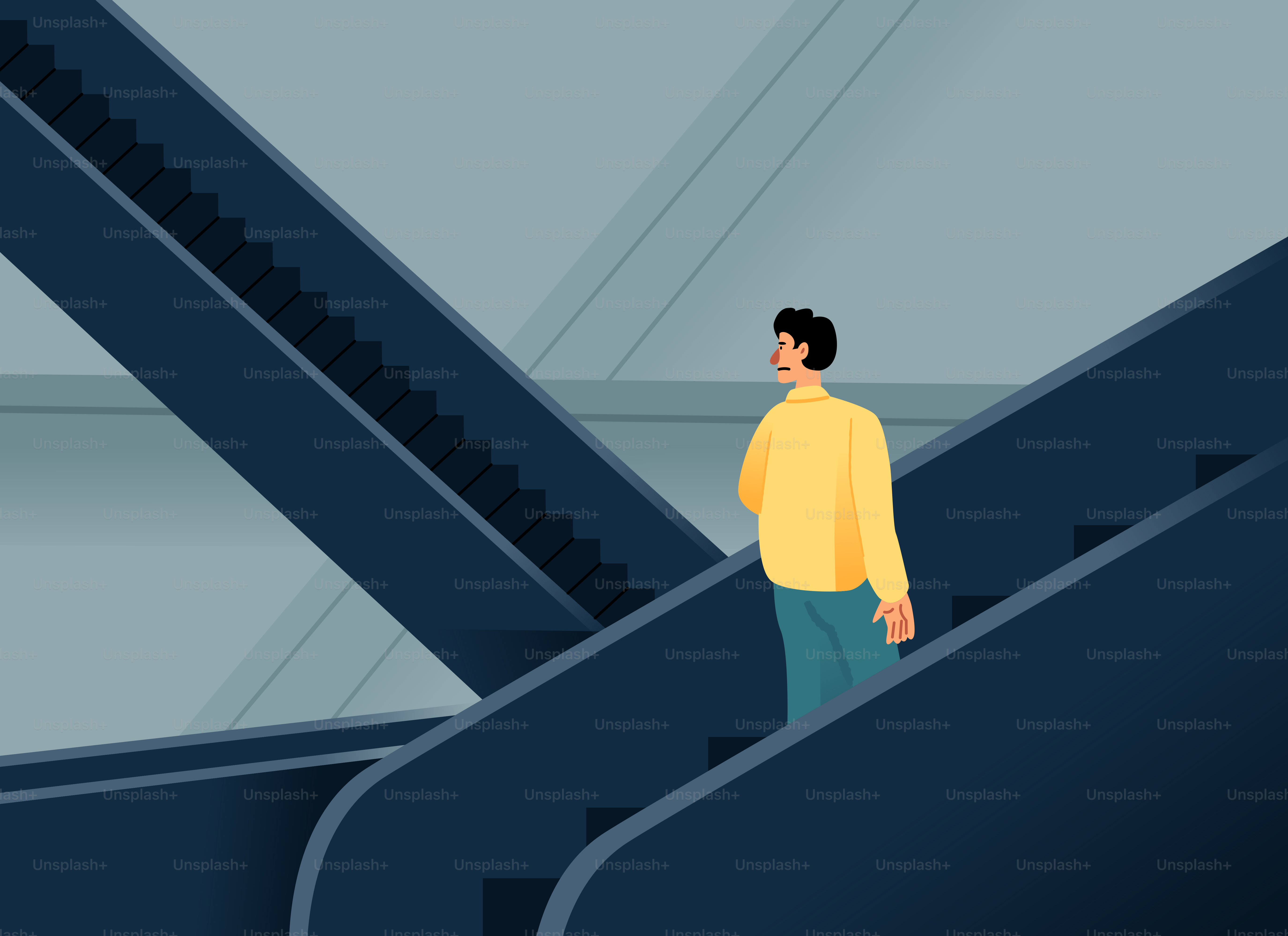 Homme montant sur un escalator dans un bâtiment moderne