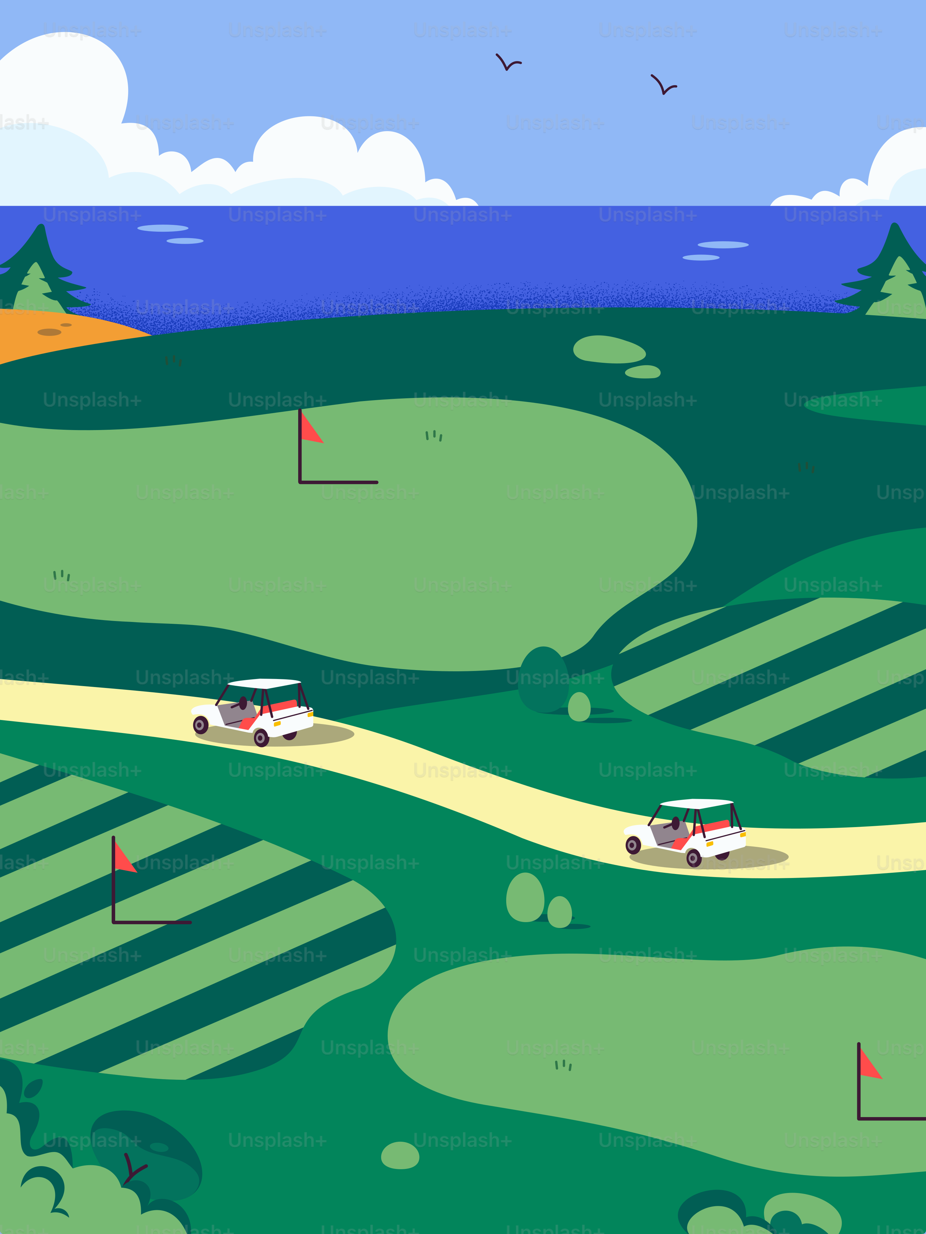 Dos carritos de golf en un pintoresco campo de golf cerca del agua.