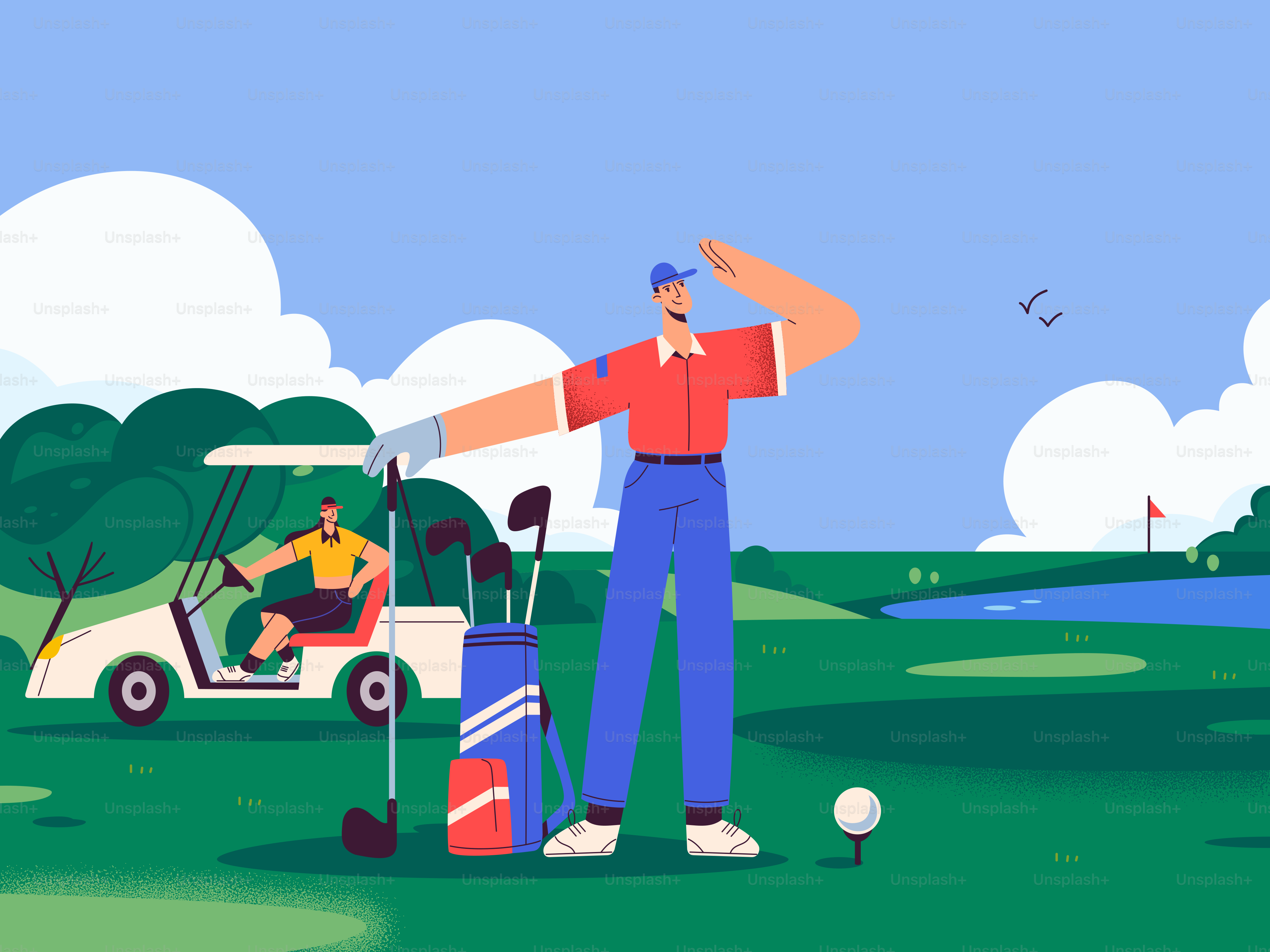晴れた日にゴルフバッグとカートを持ったゴルファー