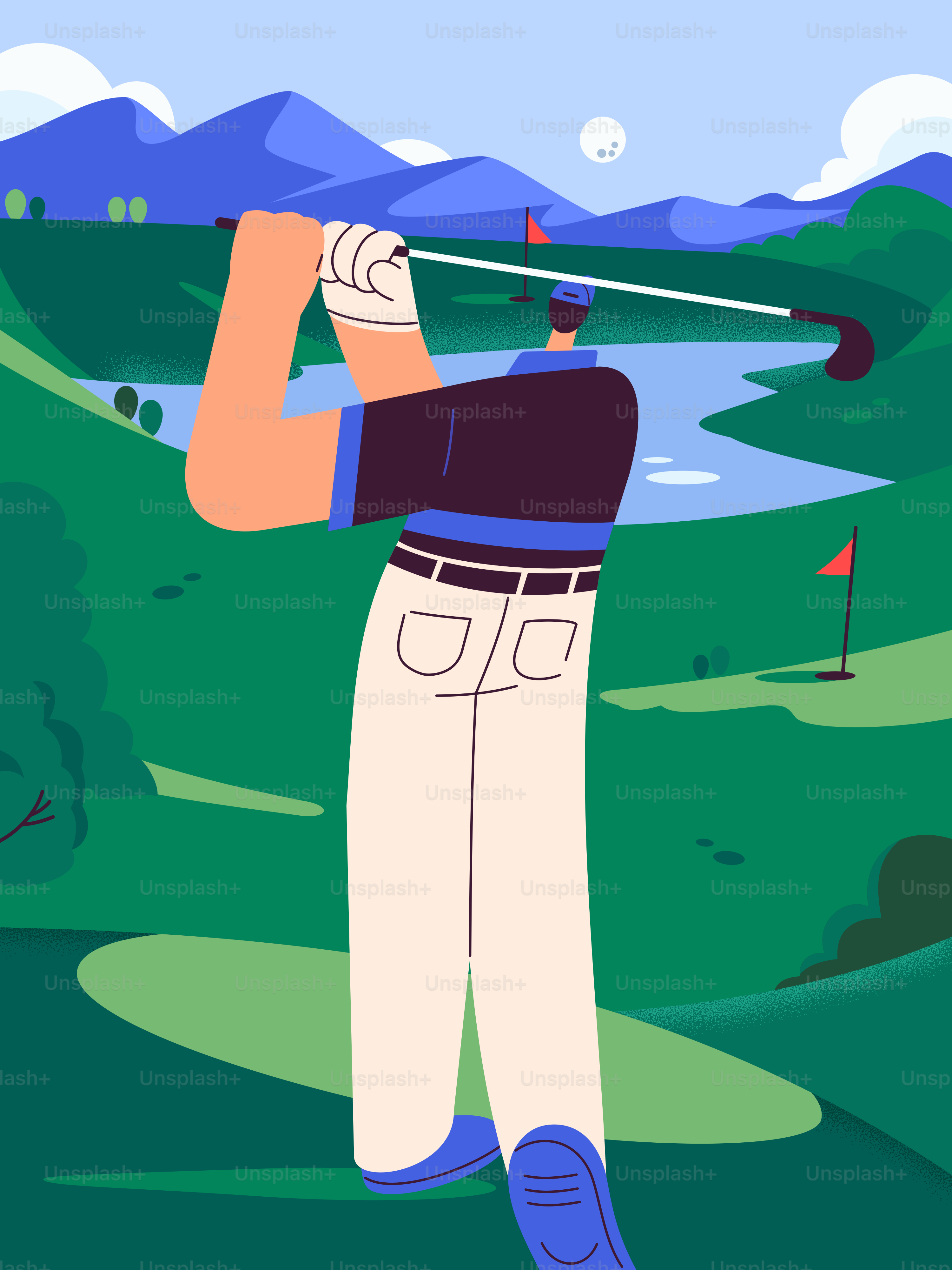 Golfer swings club on a scenic golf course