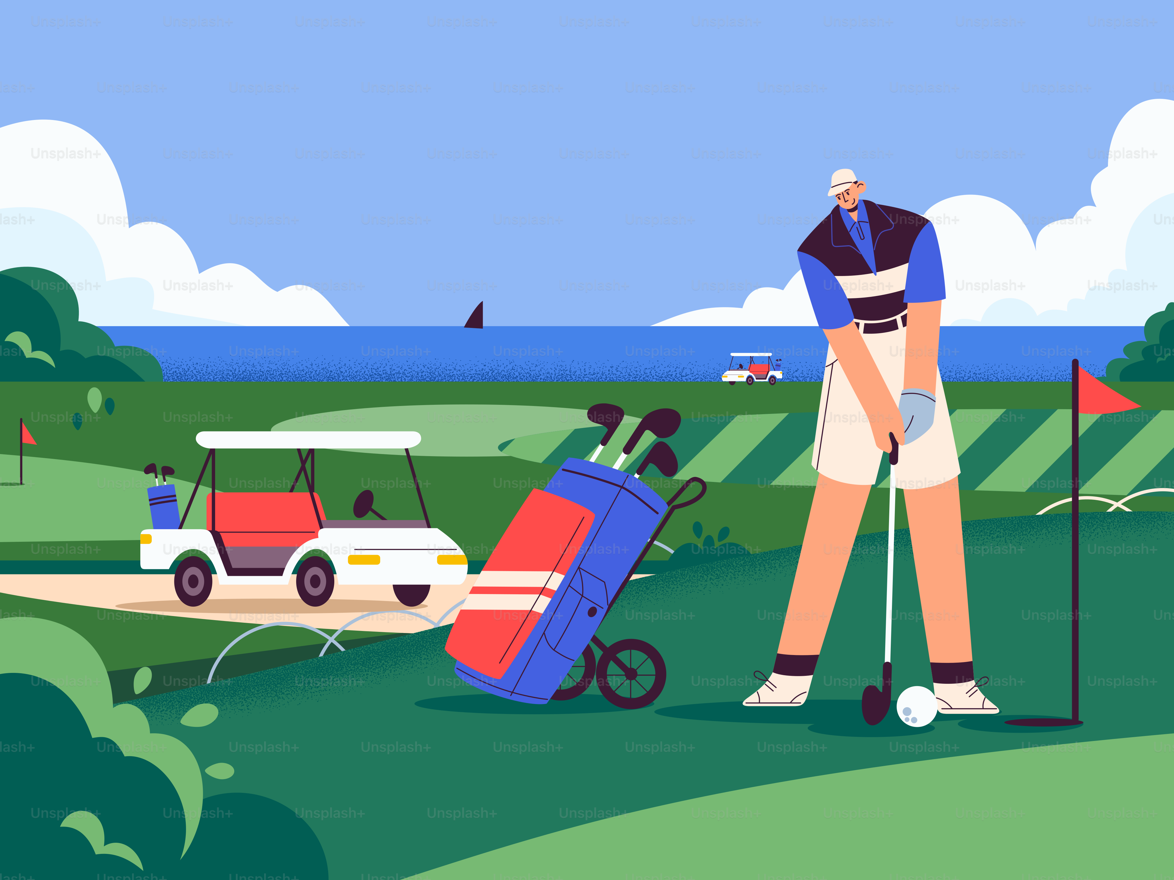 El golfista swing con el palo en el green con carrito de golf y el océano.