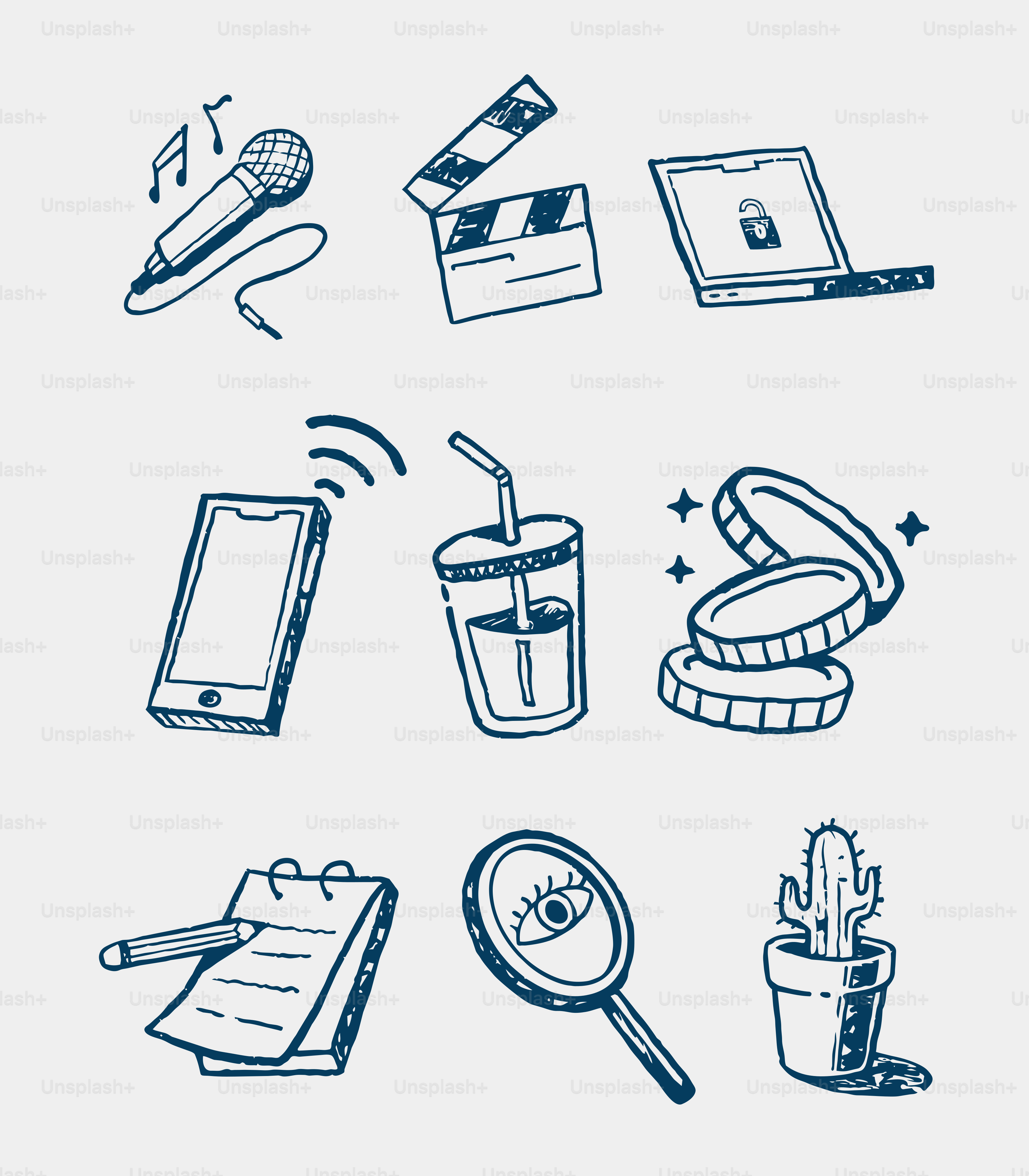 Collection of doodle icons for various concepts