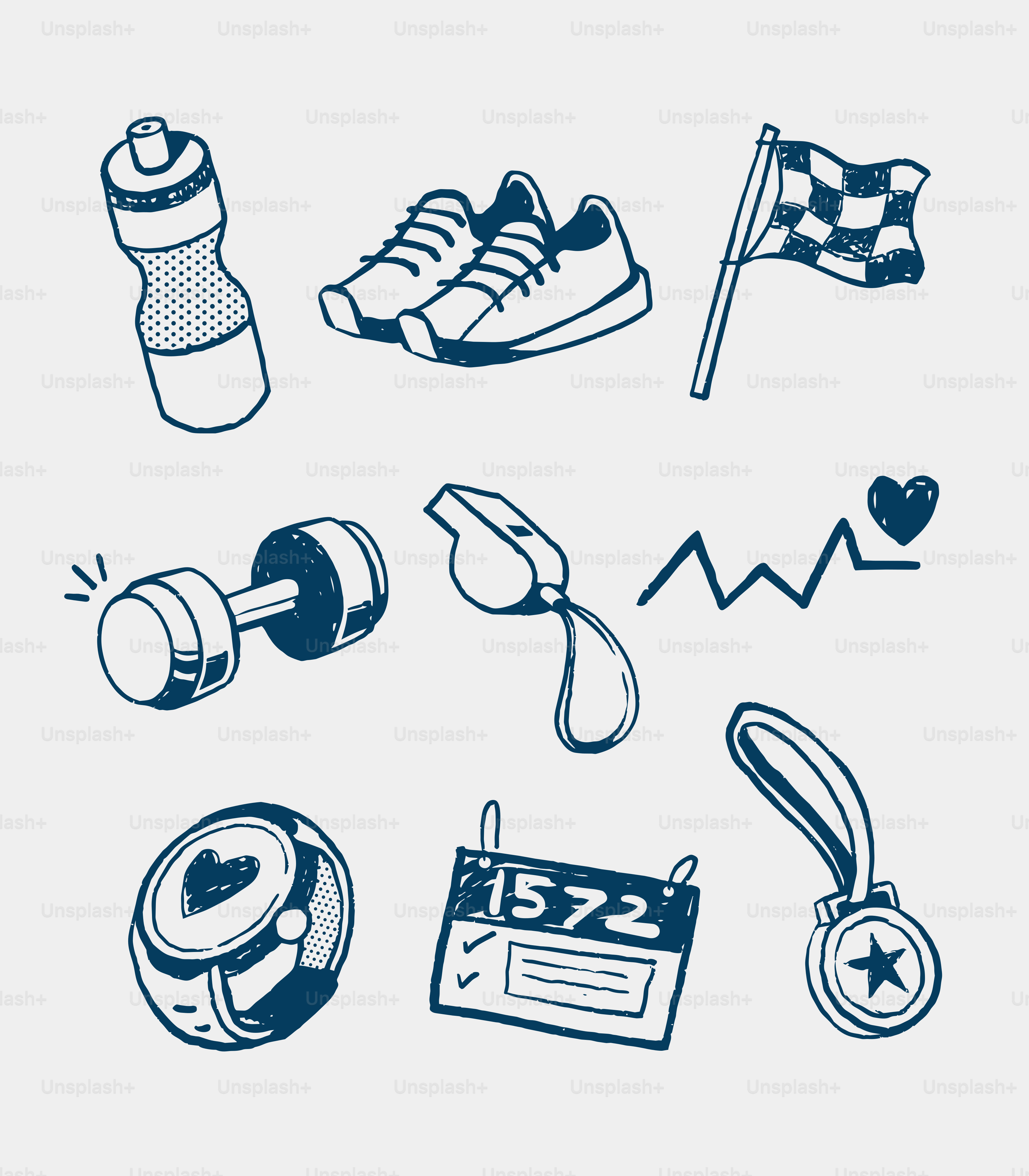 Fitness and sports equipment doodles on a light background.