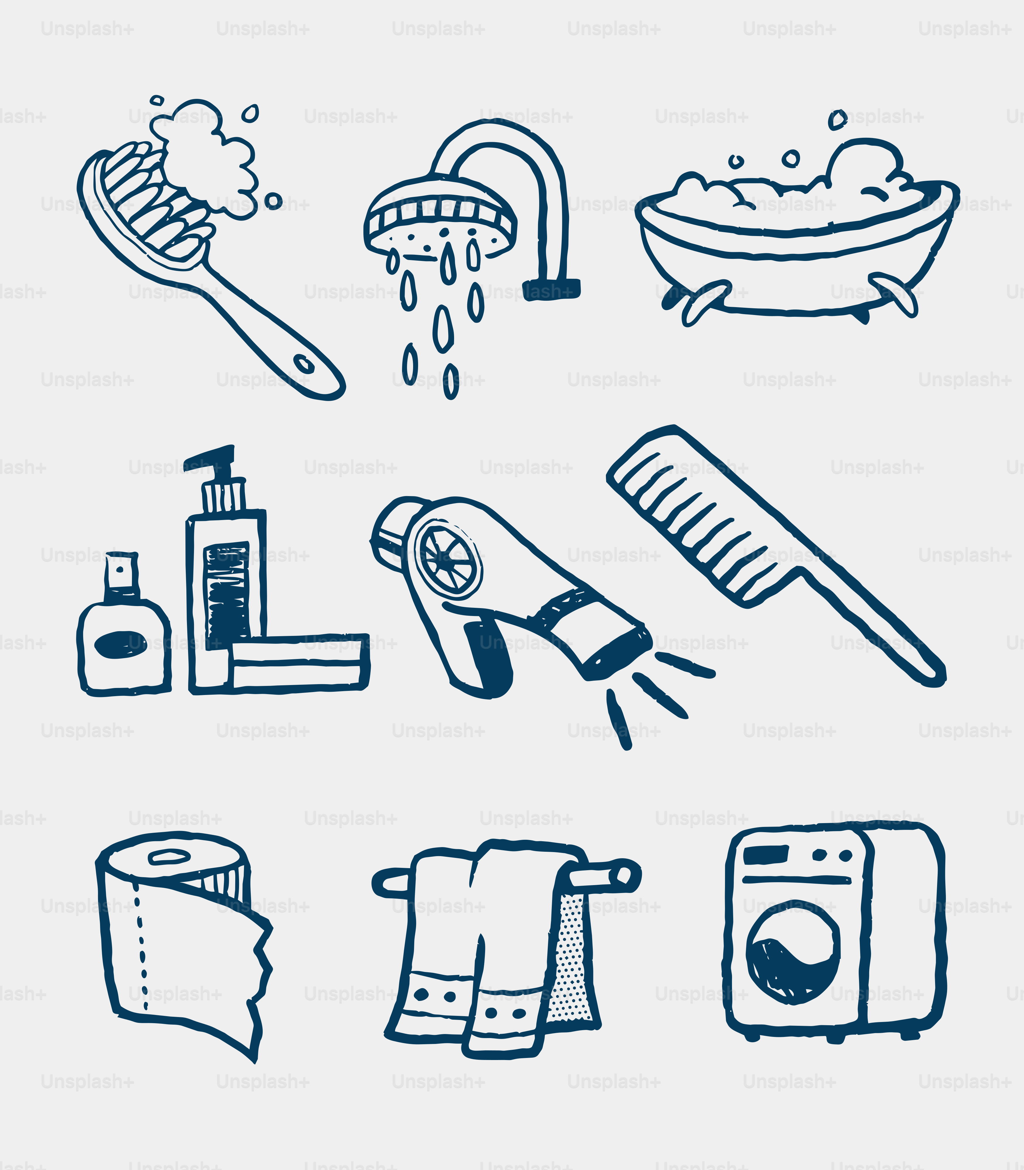 Collection of bathroom hygiene and cleaning items