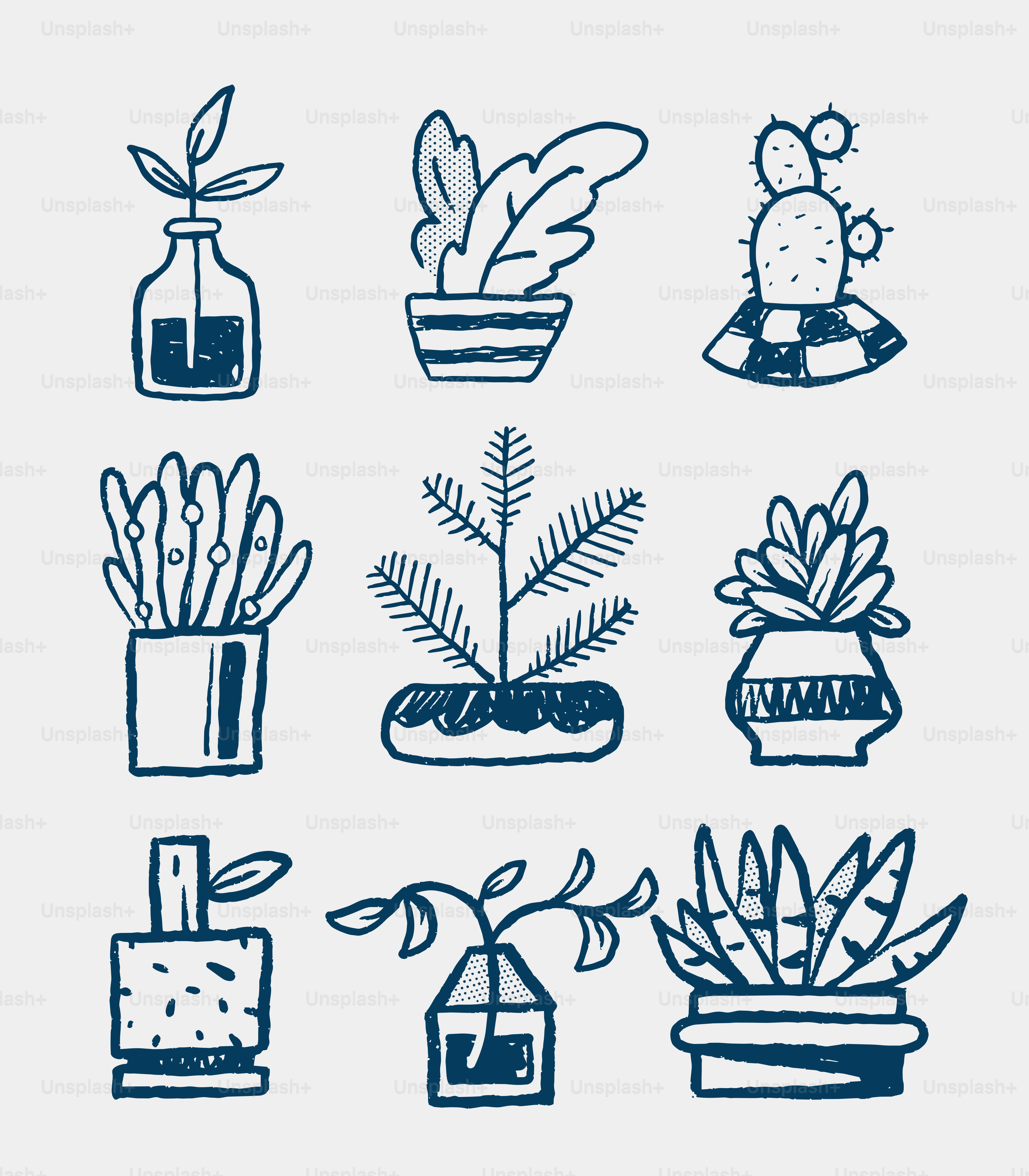Collection of potted plants in a doodle style