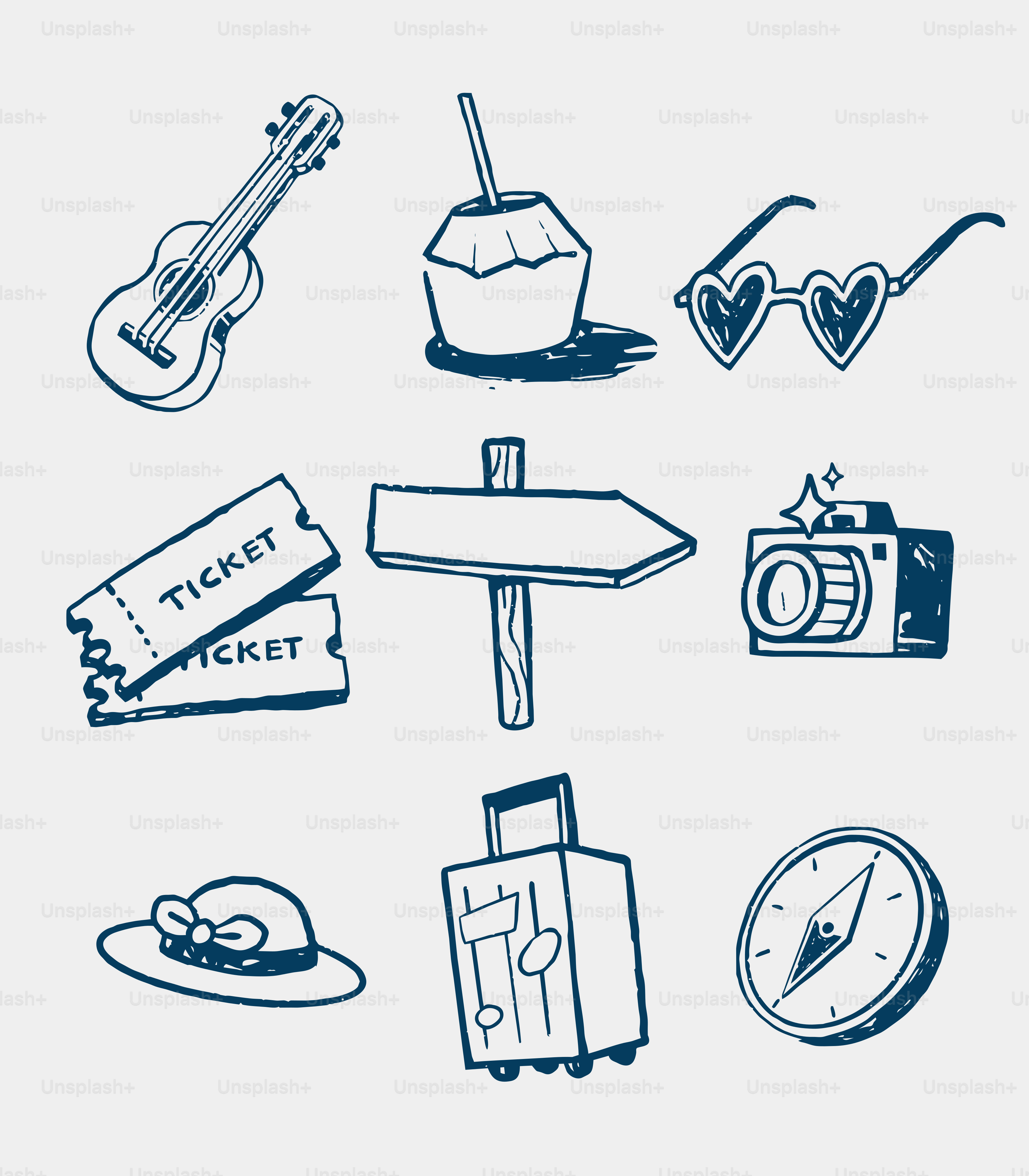 Travel icons including guitar, coconut, sunglasses, tickets, and suitcase.