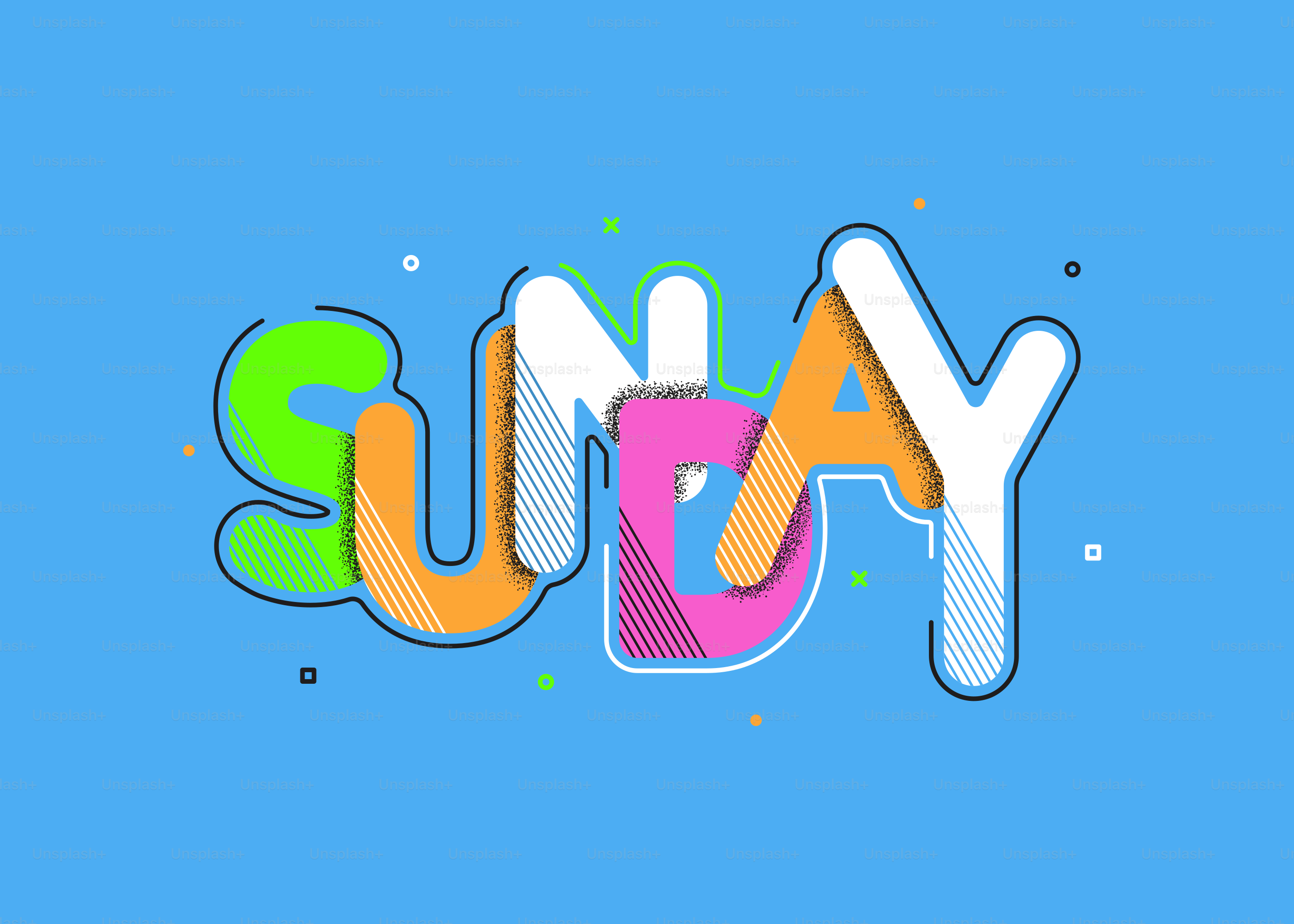 Bunter "Sonntag"-Text auf blauem Hintergrund