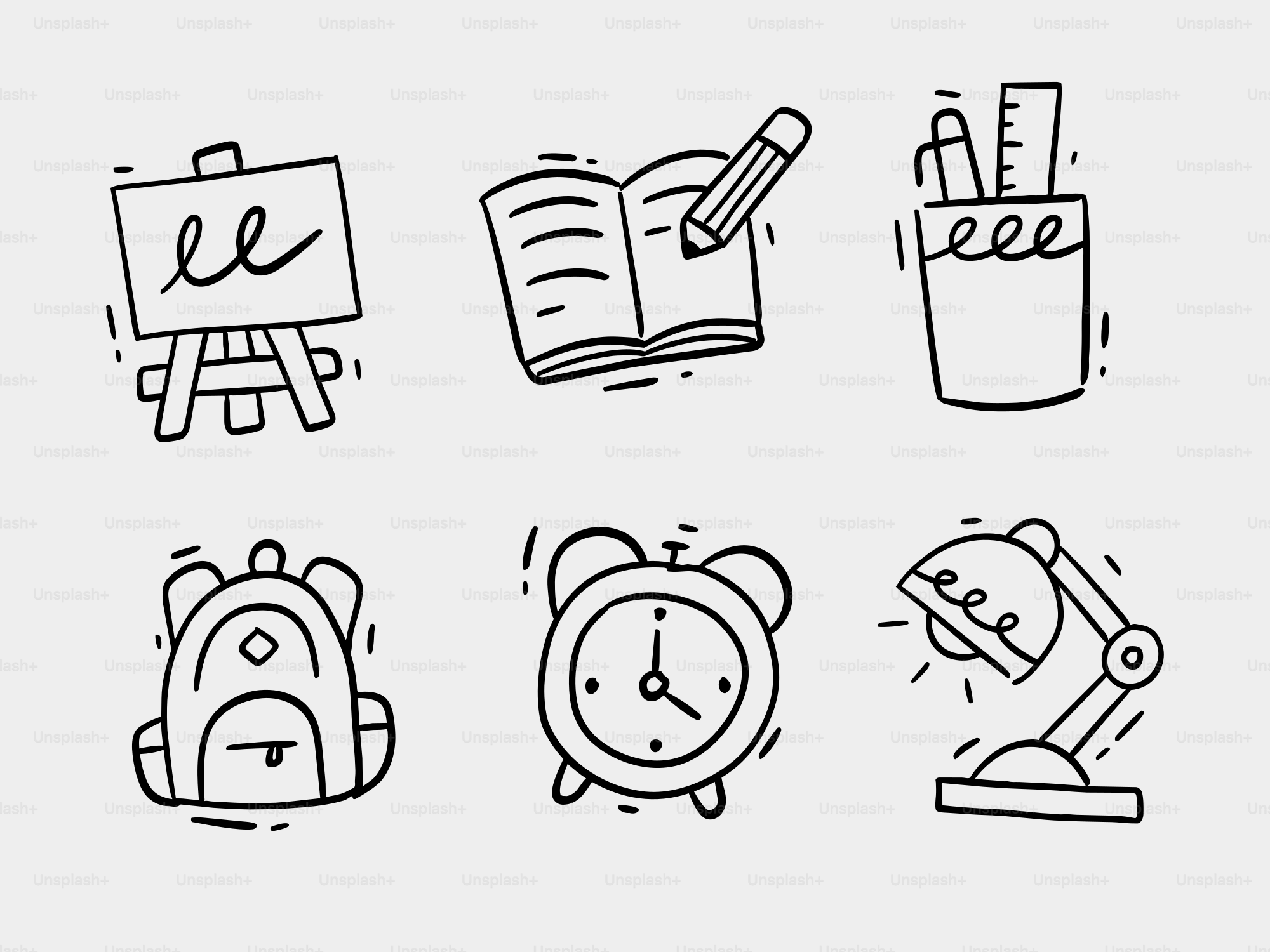 Des icônes gribouillées de fournitures scolaires et d’outils artistiques.