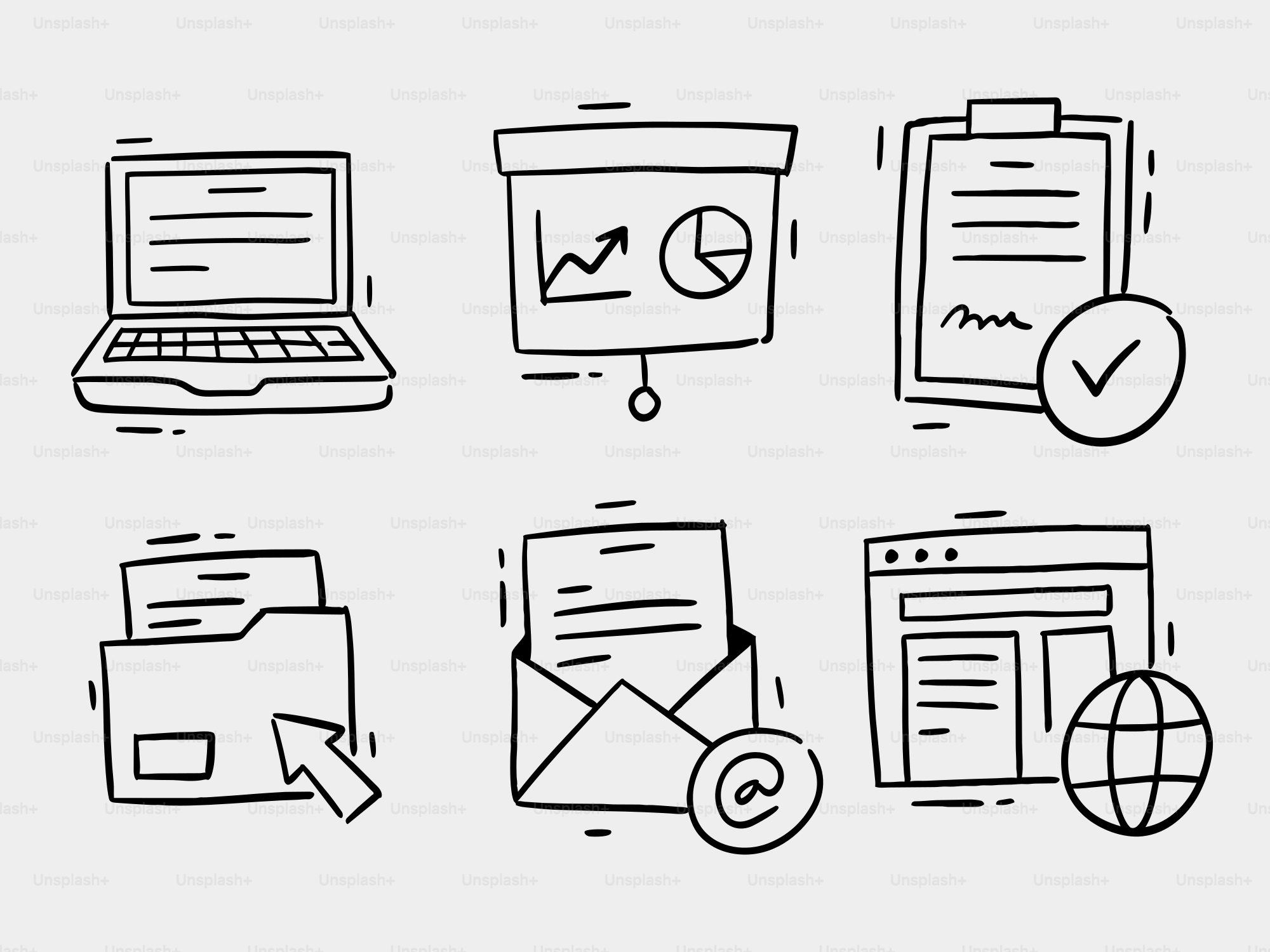 Icônes métier : ordinateur portable, présentation, presse-papiers, dossier, email, web.