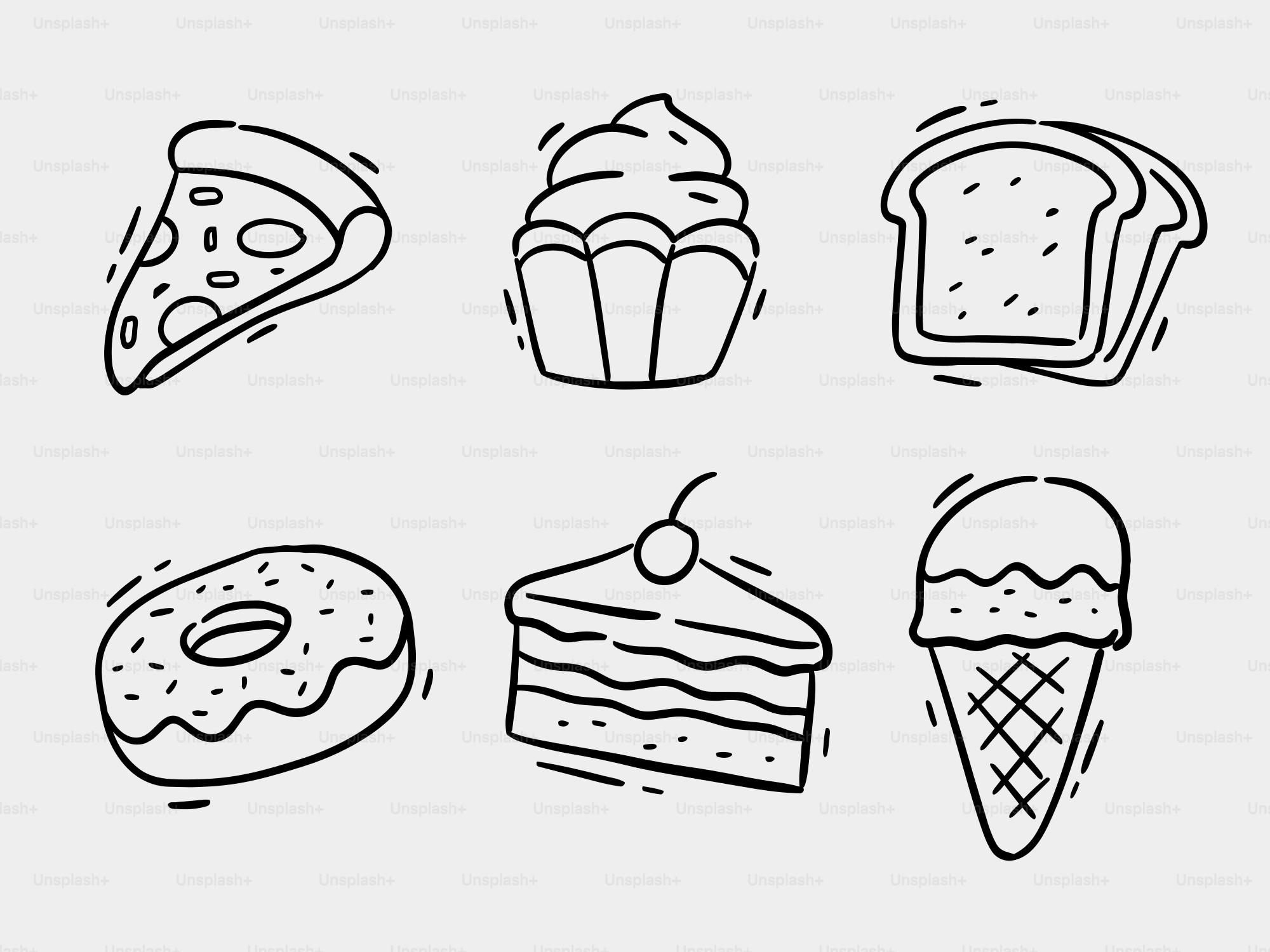 Assortiment style doodle de pizzas, cupcake, toasts, donuts, gâteaux, glaces