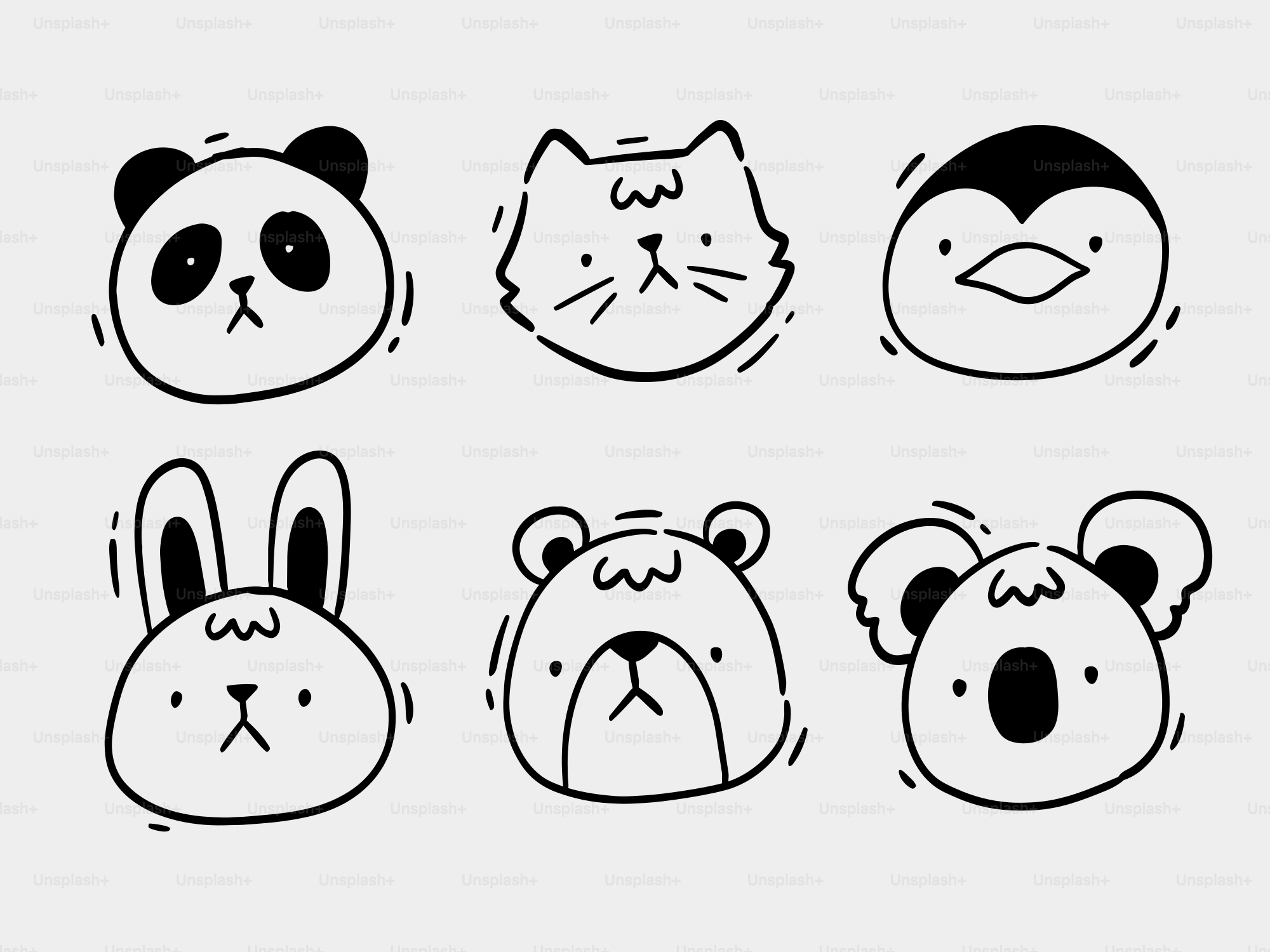 Six cute cartoon animal faces on a gray background.