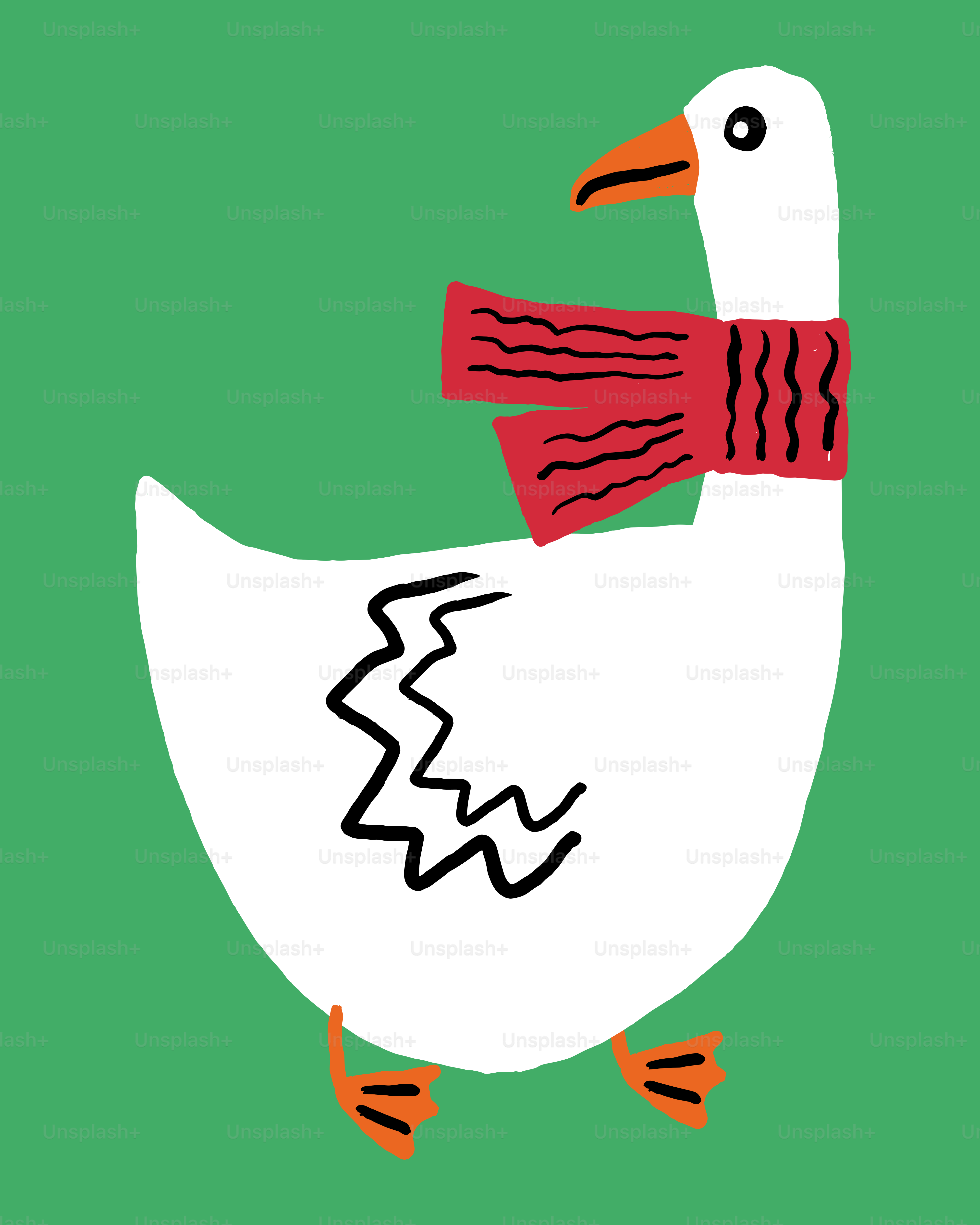Eine weiße Gans mit rotem Schal auf grünem Hintergrund