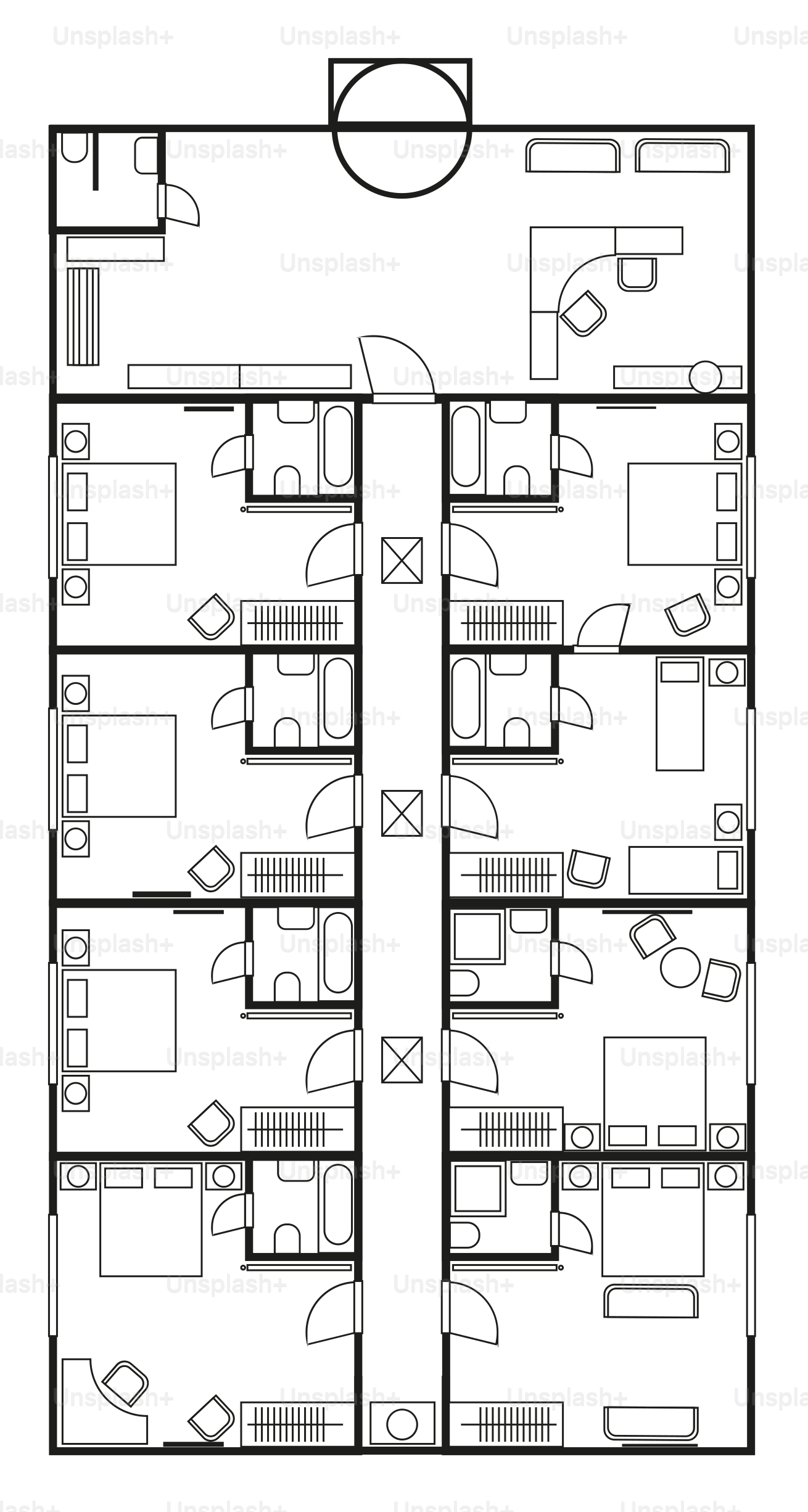 寝室とバスルームのあるアパートの間取り図