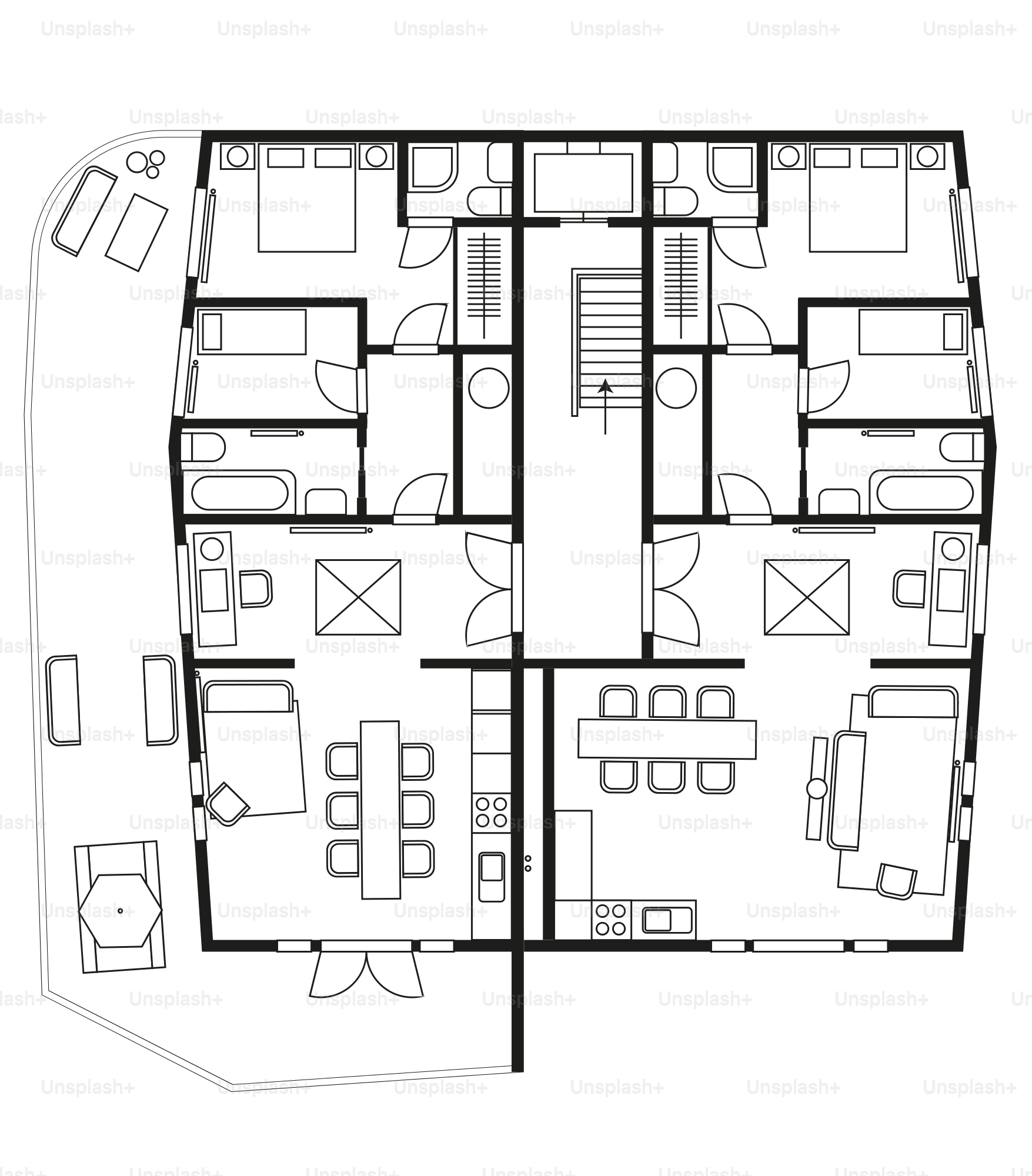 Architectural floor plan of a modern apartment building.