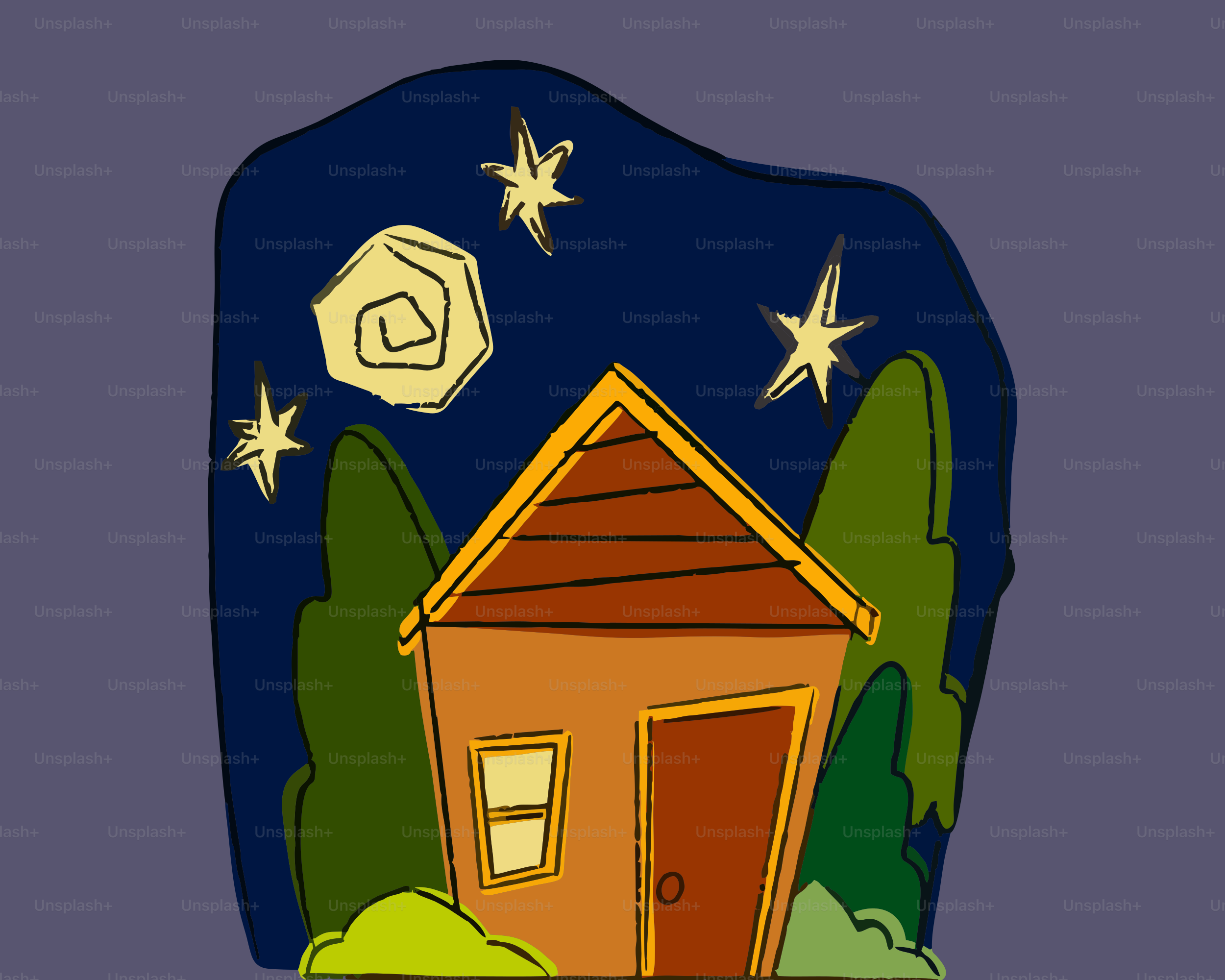 Une maison de dessins animés sous un ciel étoilé