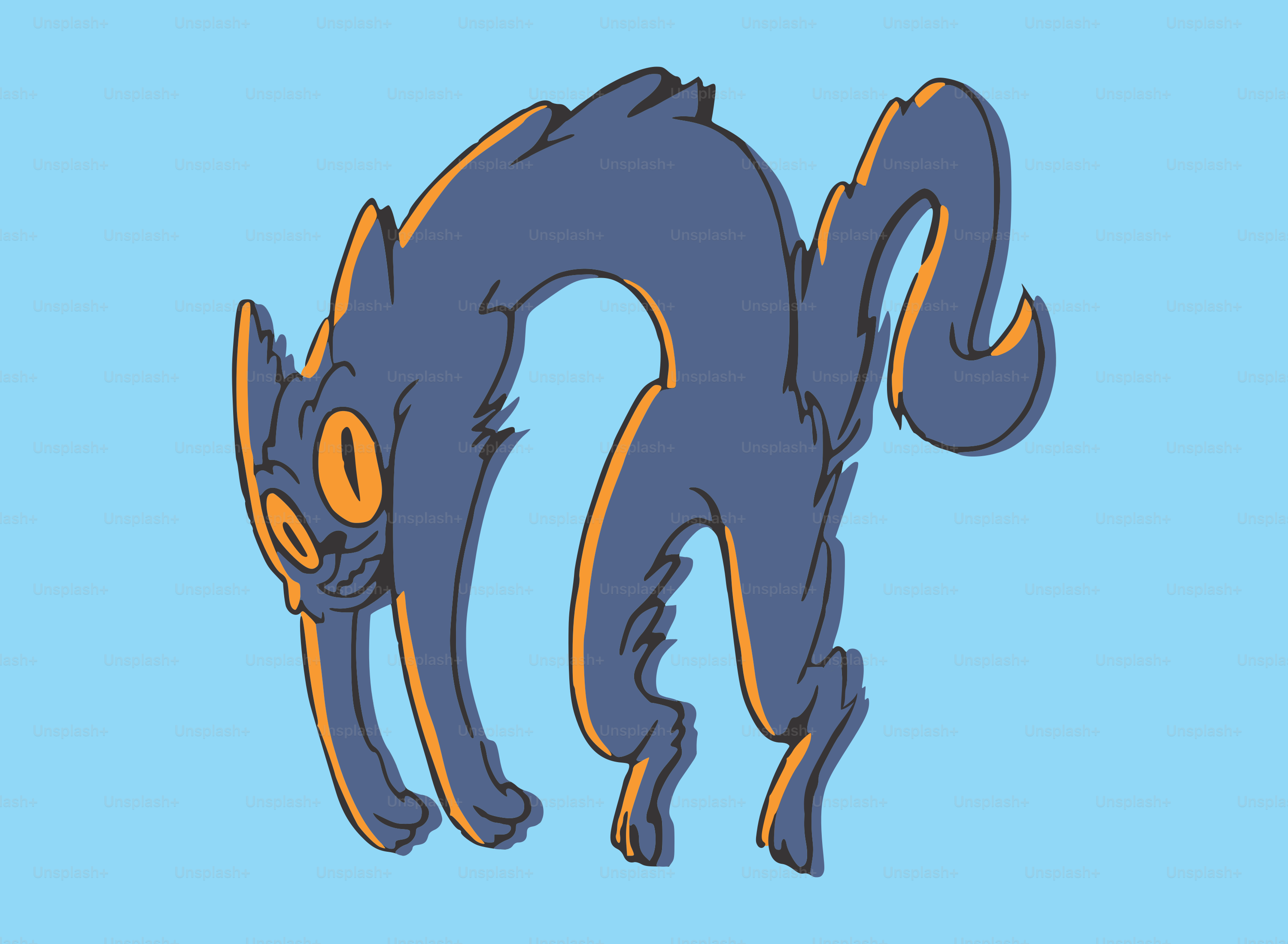 A cartoon cat arches its back with wide eyes.