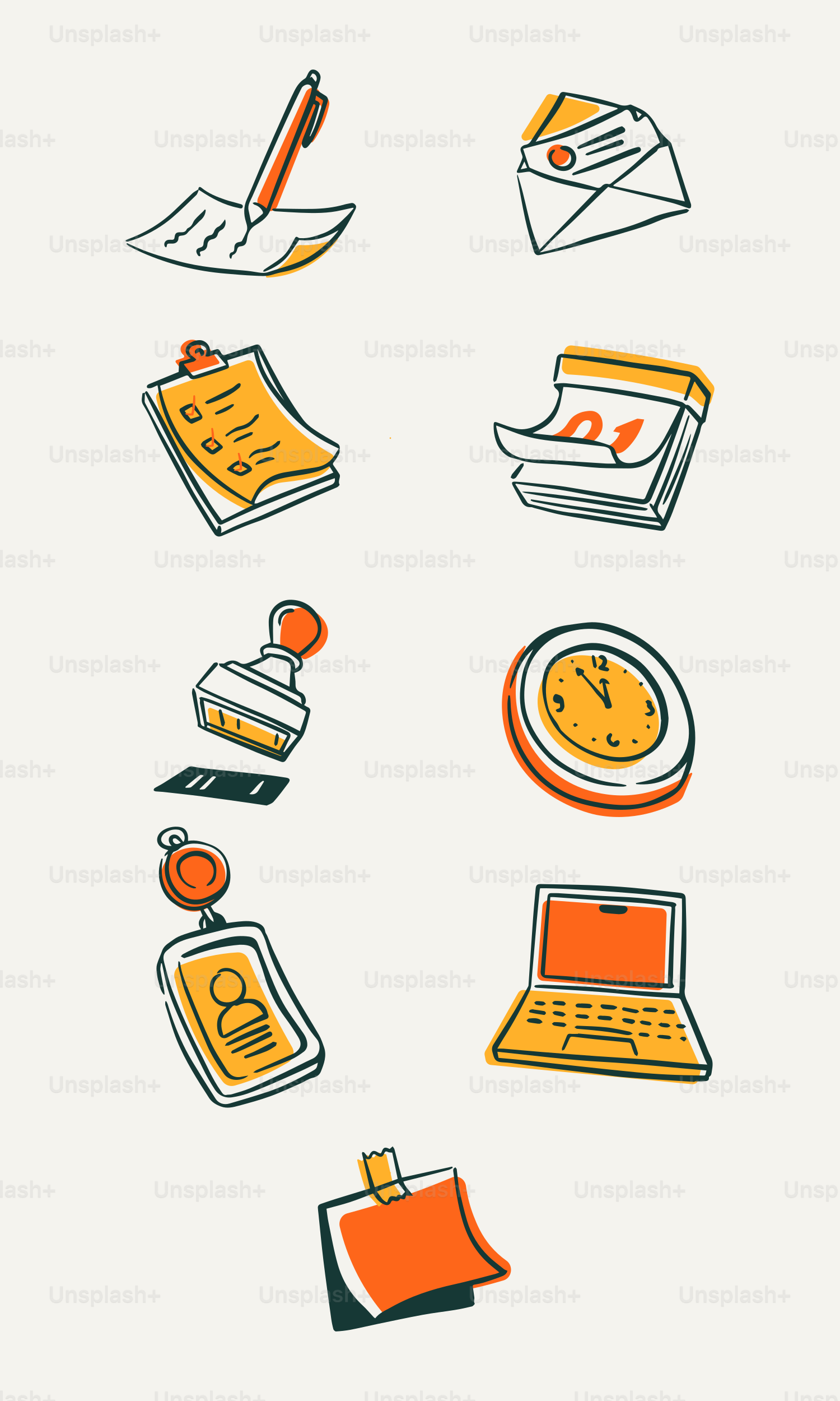 Collection de fournitures de bureau et d’icônes de papeterie.