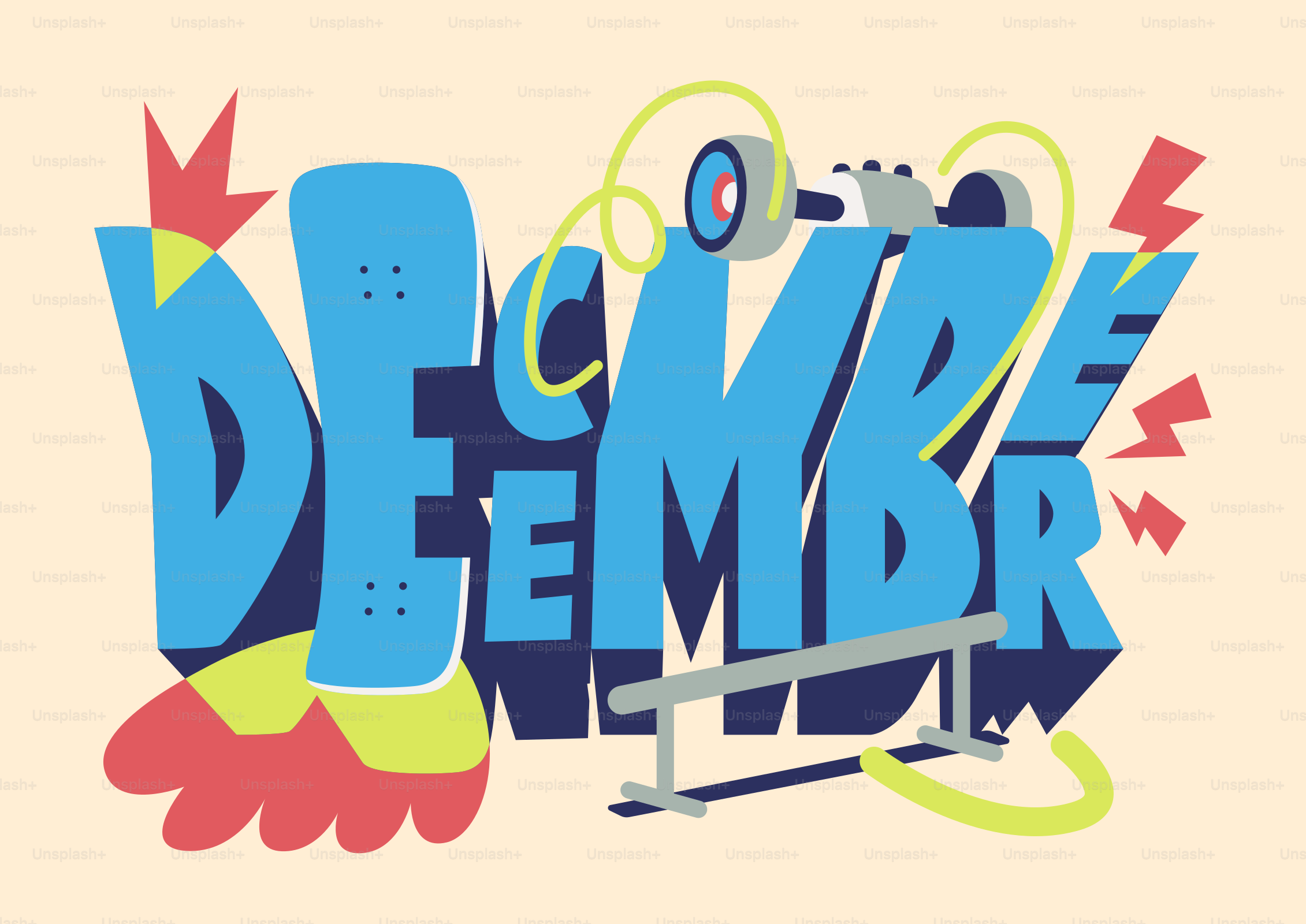 December text with skateboard and rollerblade elements.